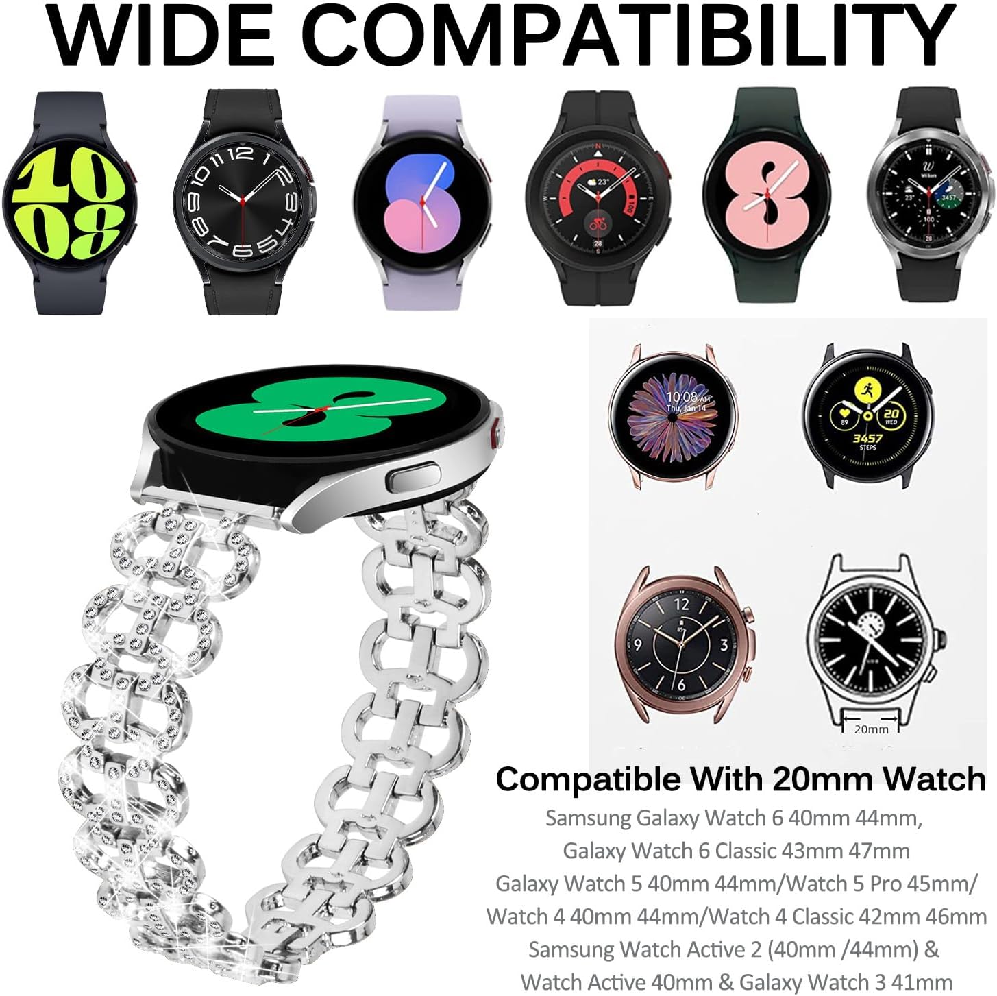 Miimall Correa brillante de 0.77 pulgadas para Samsung Galaxy Watch 6 de 1.571.73 pulgadas, Watch 6 Classic de 1.731.77 pulgadas, correa de metal