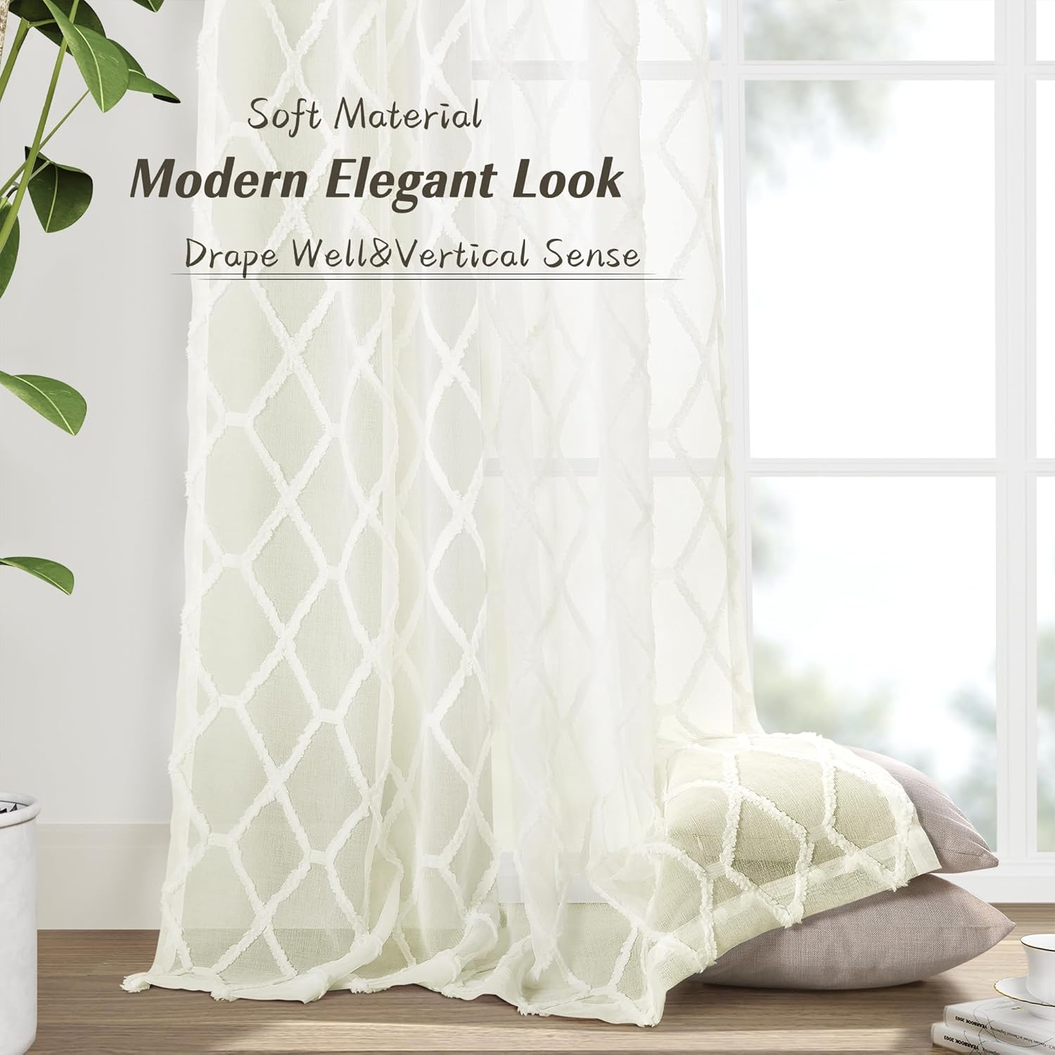 Hokibero 2 paneles de cortinas traslúcidas color crema bohemio de 90 pulgadas de largo para sala de estar, cortinas semitransparentes modernas y