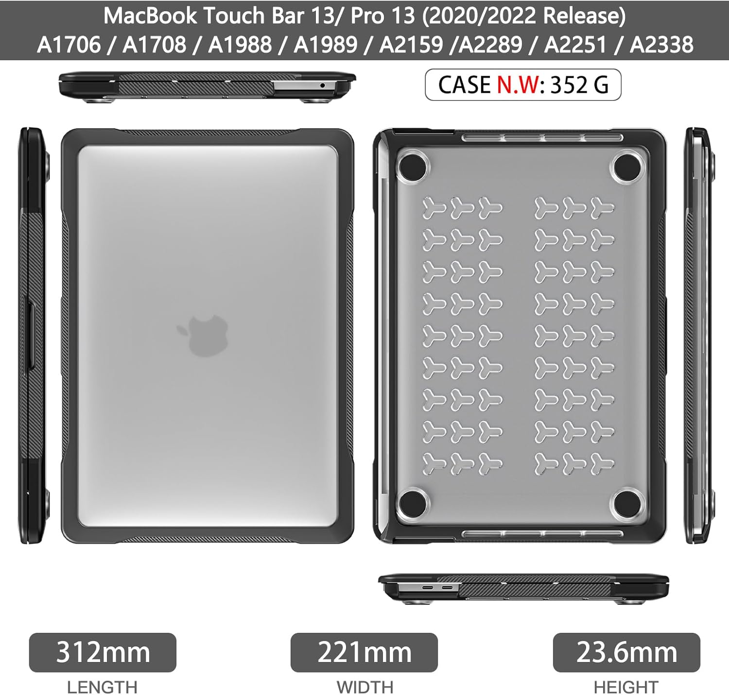 Batianda Funda de protección definitiva para MacBook Pro de 13 pulgadas, modelo A2338, M2, M1, chip A2251, A2289, versión 2022 2020, bordes de fibra