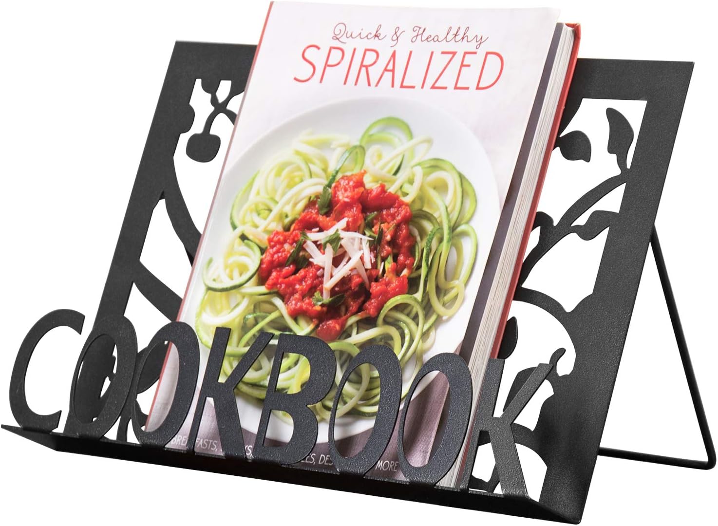 MyGift Soporte de metal negro para libros de cocina con recorte decorativo de palabras y diseño de silueta de árbol, soporte de caballete de tableta