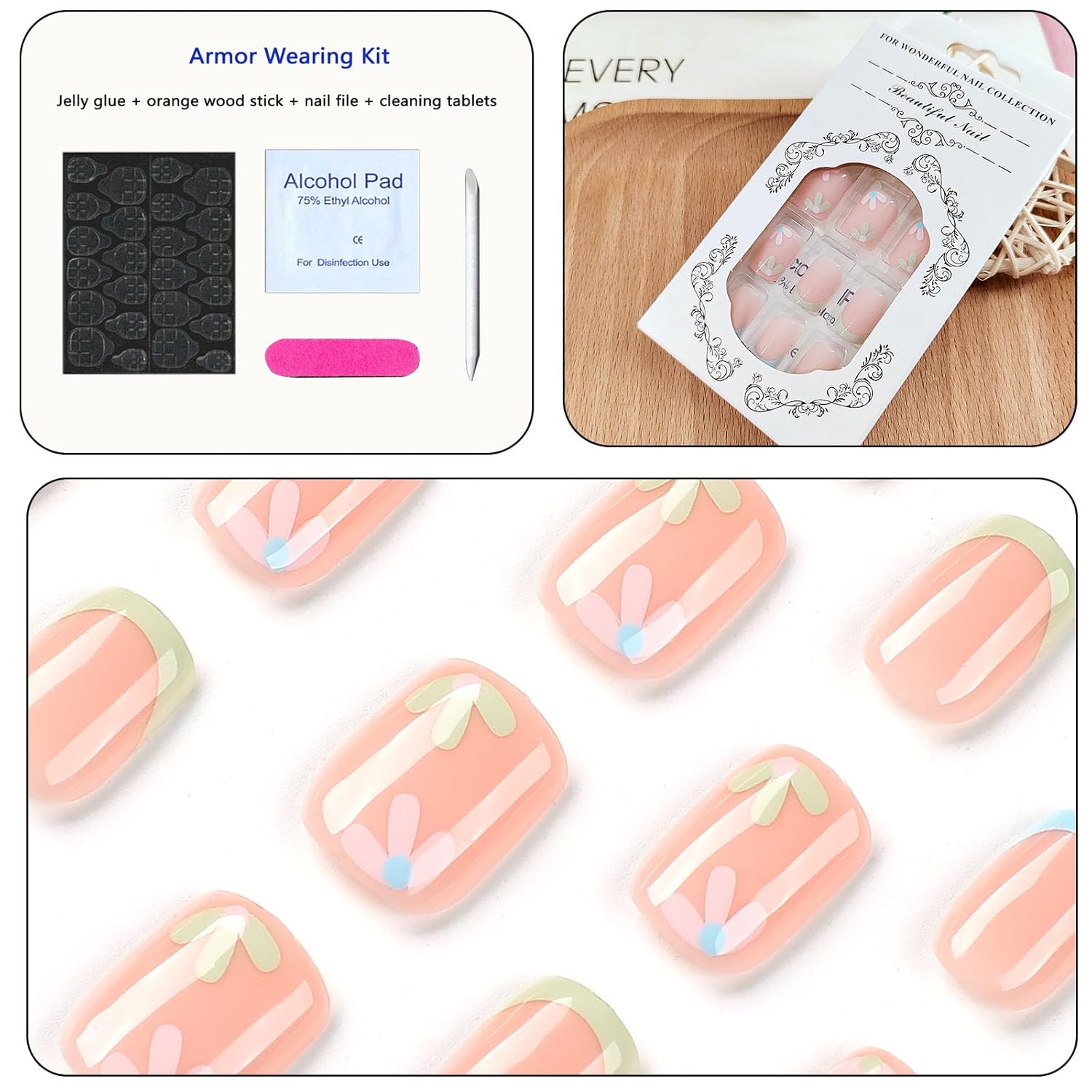 Uñas cortas a presión, cuadradas, bonitas, color nude, uñas postizas acrílicas con diseño de punta francesa blanca, uñas postizas artificiales