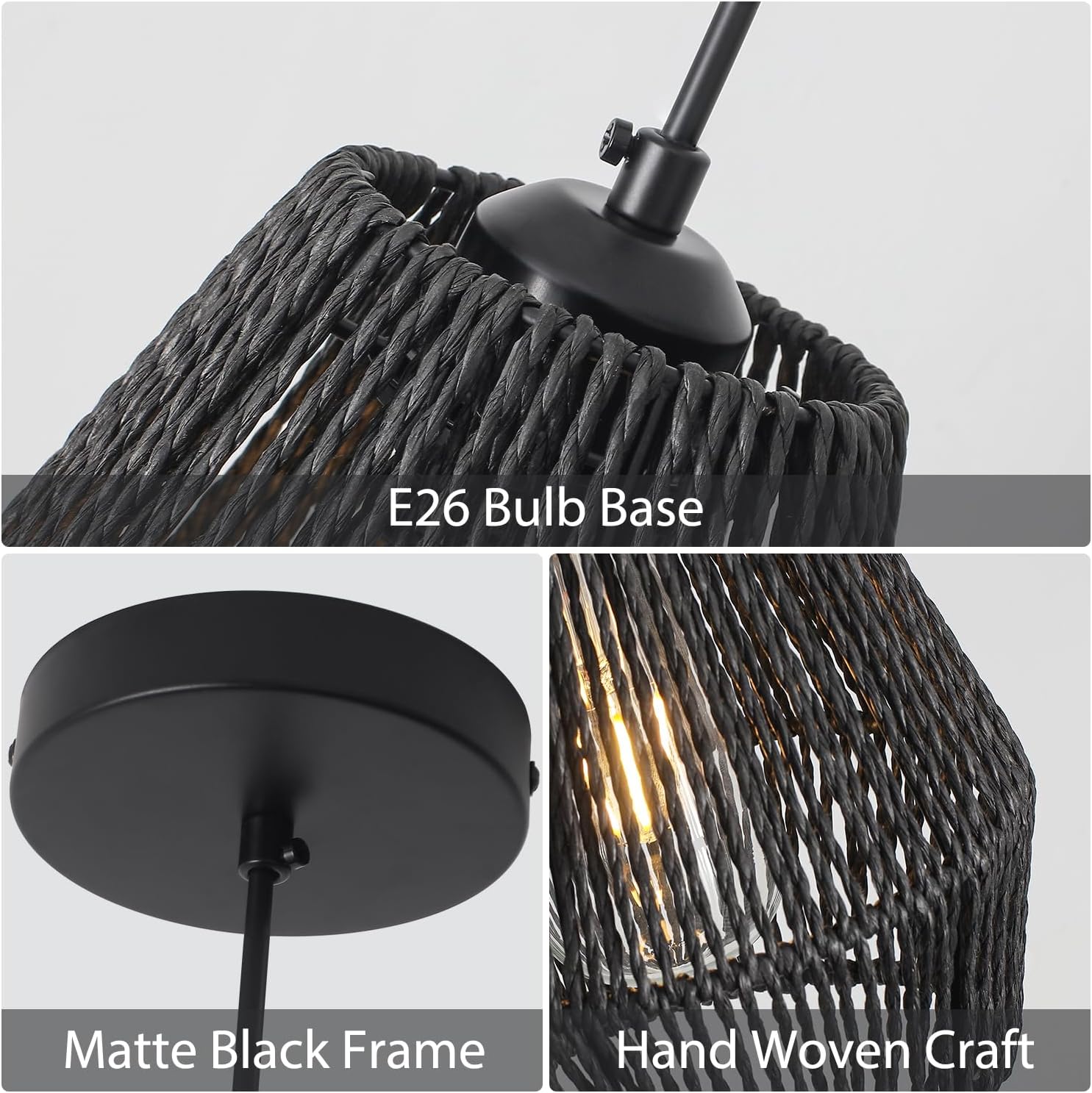 Lámpara colgante de ratán tejido negro, lámpara colgante de granja de 7 pulgadas, pantalla tejida a mano, moderna lámpara bohemia para cocina, isla,