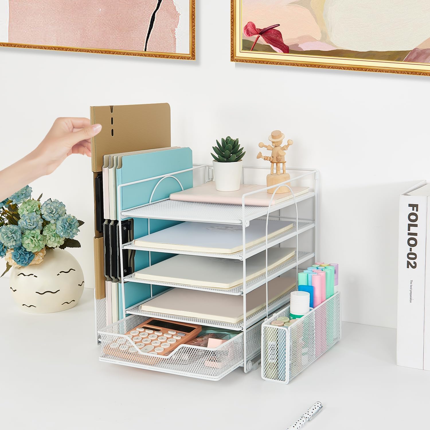 gianotter Organizador de bandeja de papel de 5 niveles con soporte para archivos, organizador de escritorio con cajón y soporte para bolígrafos,