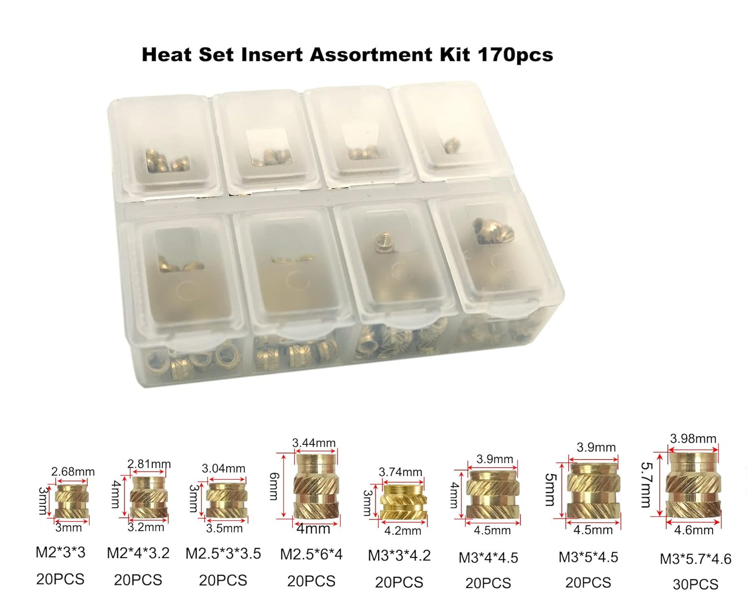 M2 M2.5 M3 Juego de calor Insertos para tuercas de inserción de latón roscado de plástico para impresión 3D 170pcs