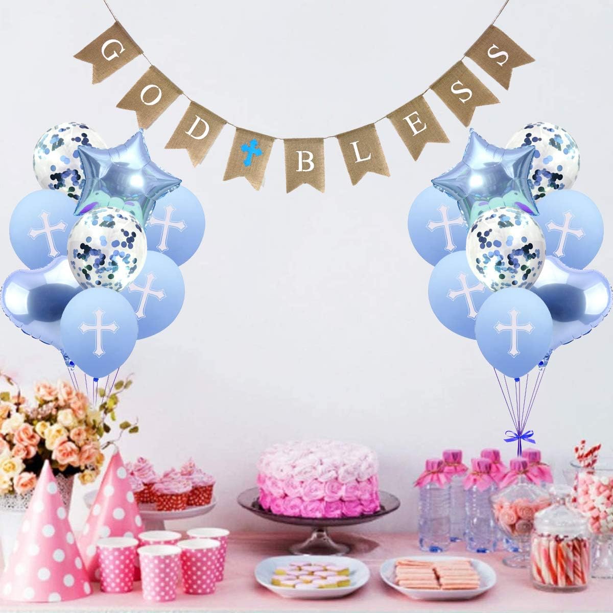 Banner de bautismo con texto en inglés God Bles, decoraciones de bautismo para niño, globos de confirmación, globos de primera comunión, globos