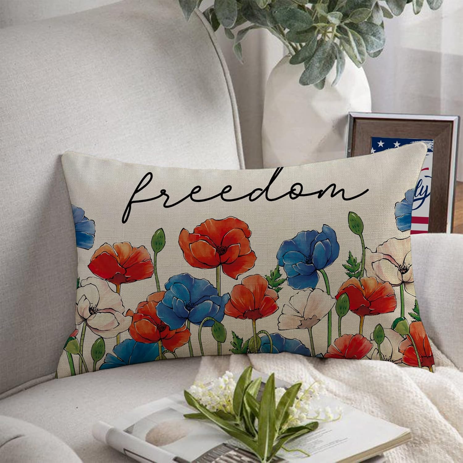Fjfz 4th of July Freedom – Funda de almohada decorativa lumbar con flores patrióticas de 12 x 20 pulgadas, rectangular, diseño floral de anémona de