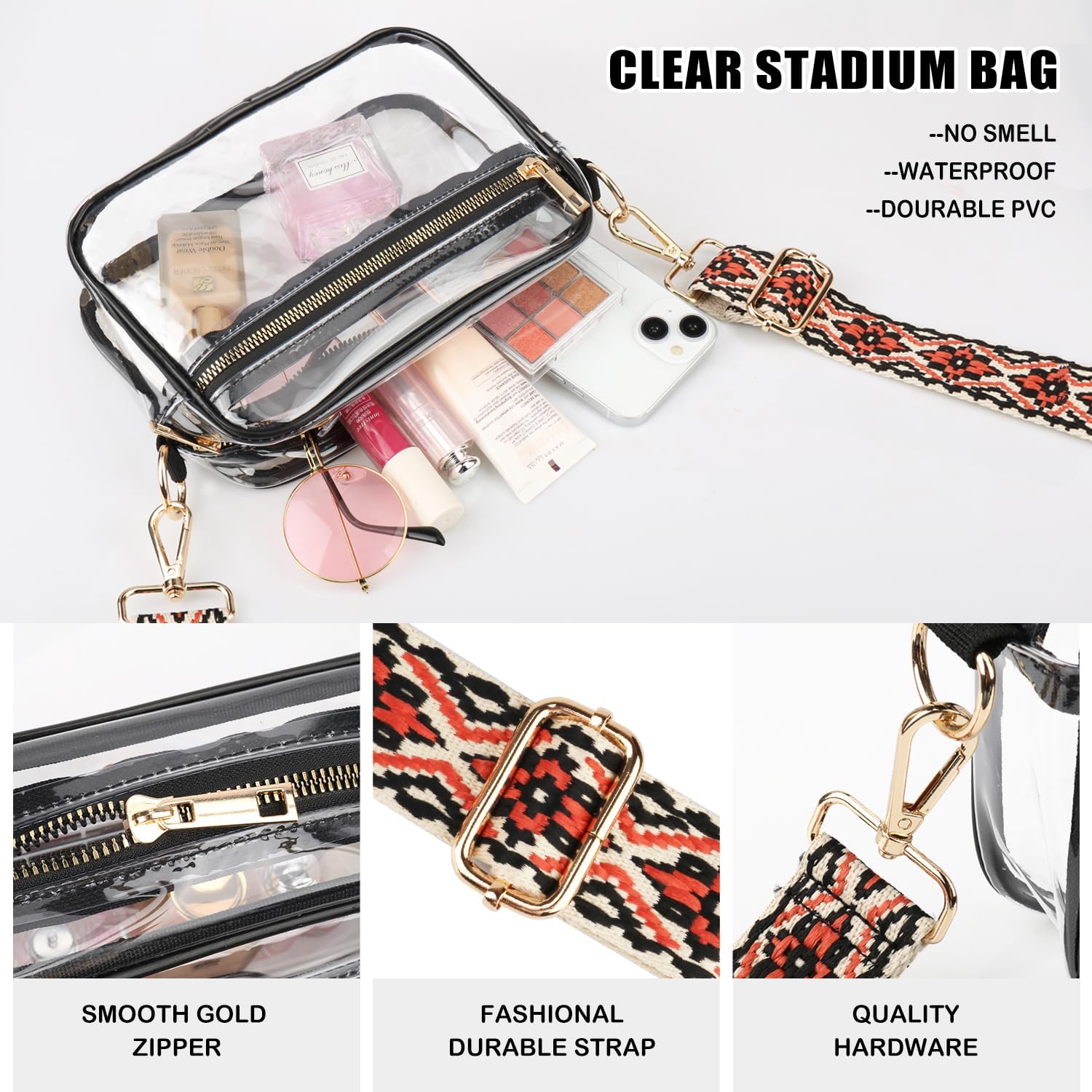 WEDDINGHELPER Bolsa cruzada transparente, bolsa transparente aprobada para estadios con correa ajustable para conciertos deportivos, festivales
