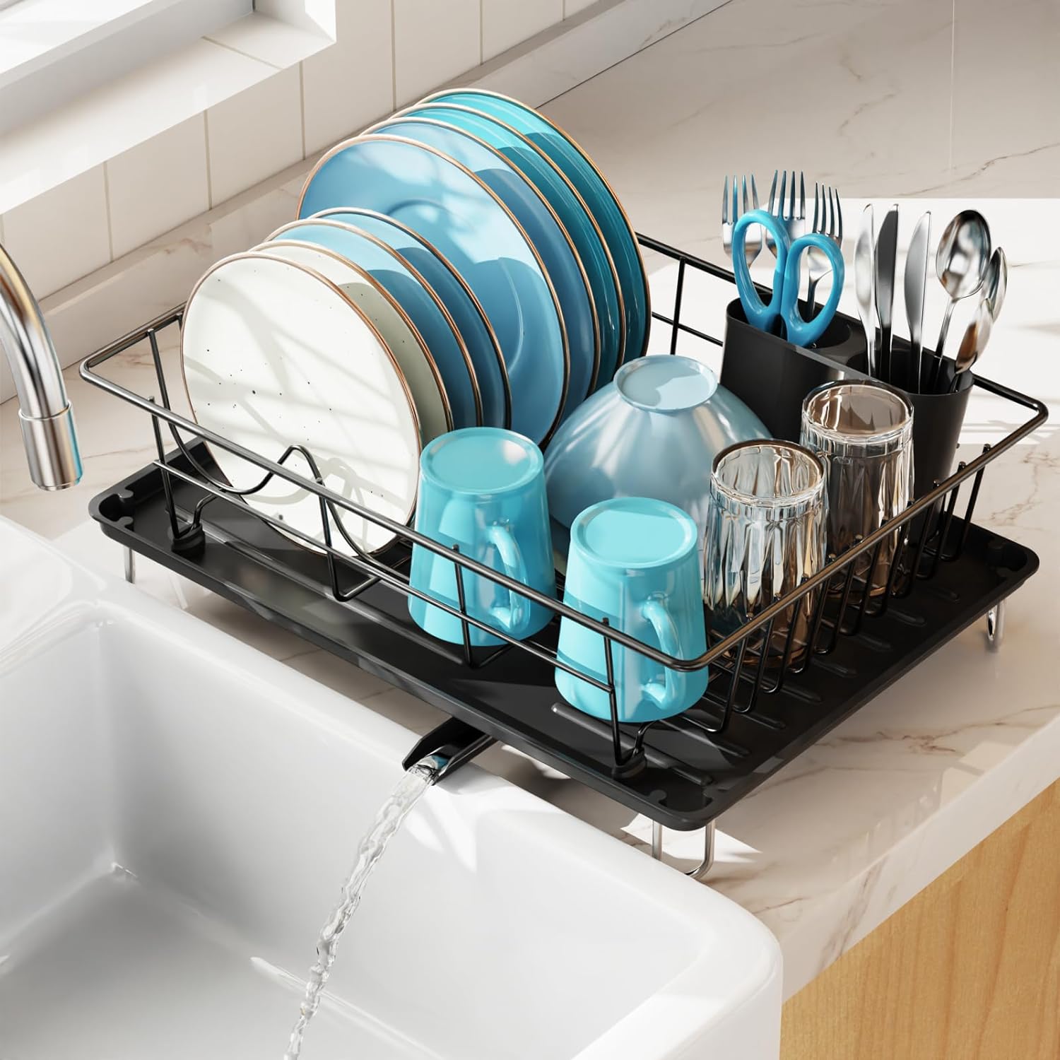 GSlife Escurridor de platos con escurridor, escurridor de platos para encimera de cocina, escurridor compacto resistente al óxido con soporte para