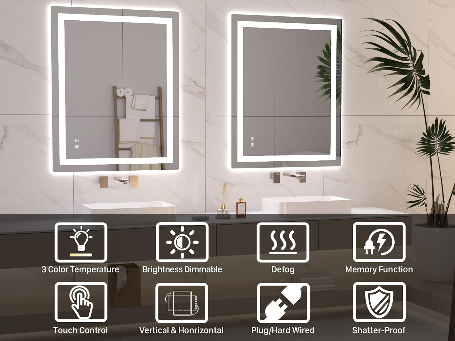 LOYAL STAR Espejo de baño LED, 48 pulgadas de largo x 32 pulgadas de ancho, varios tamaños opcionales, espejo de tocador con retroiluminación y luz