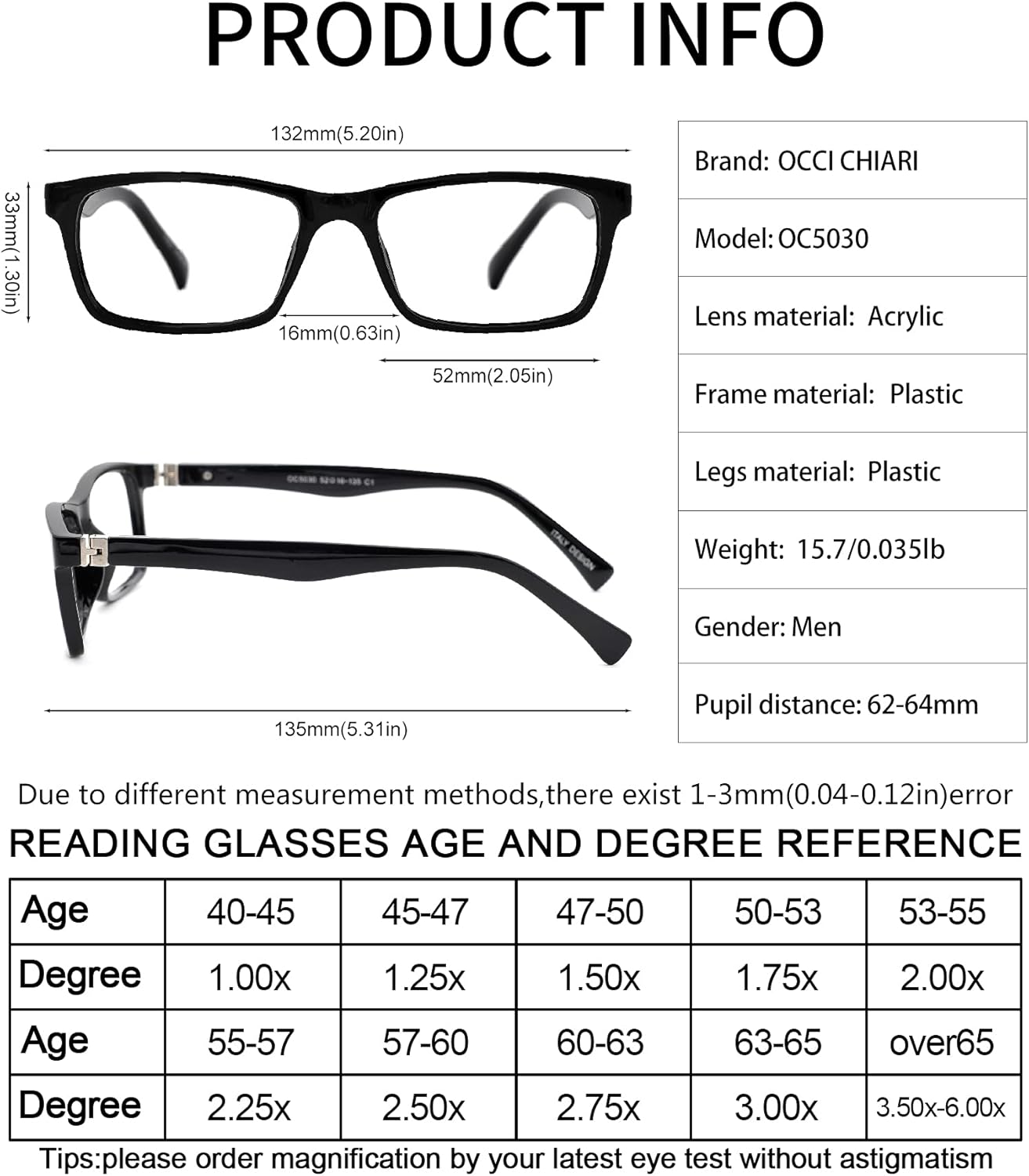 OCCI CHIARI Gafas de lectura 1.25 ojo de hombre lector 1.0 1.25 1.5 1.75 2.0 2.25 2.5 2.75 3.0 3.5 4.0 5.0 6.0 negro