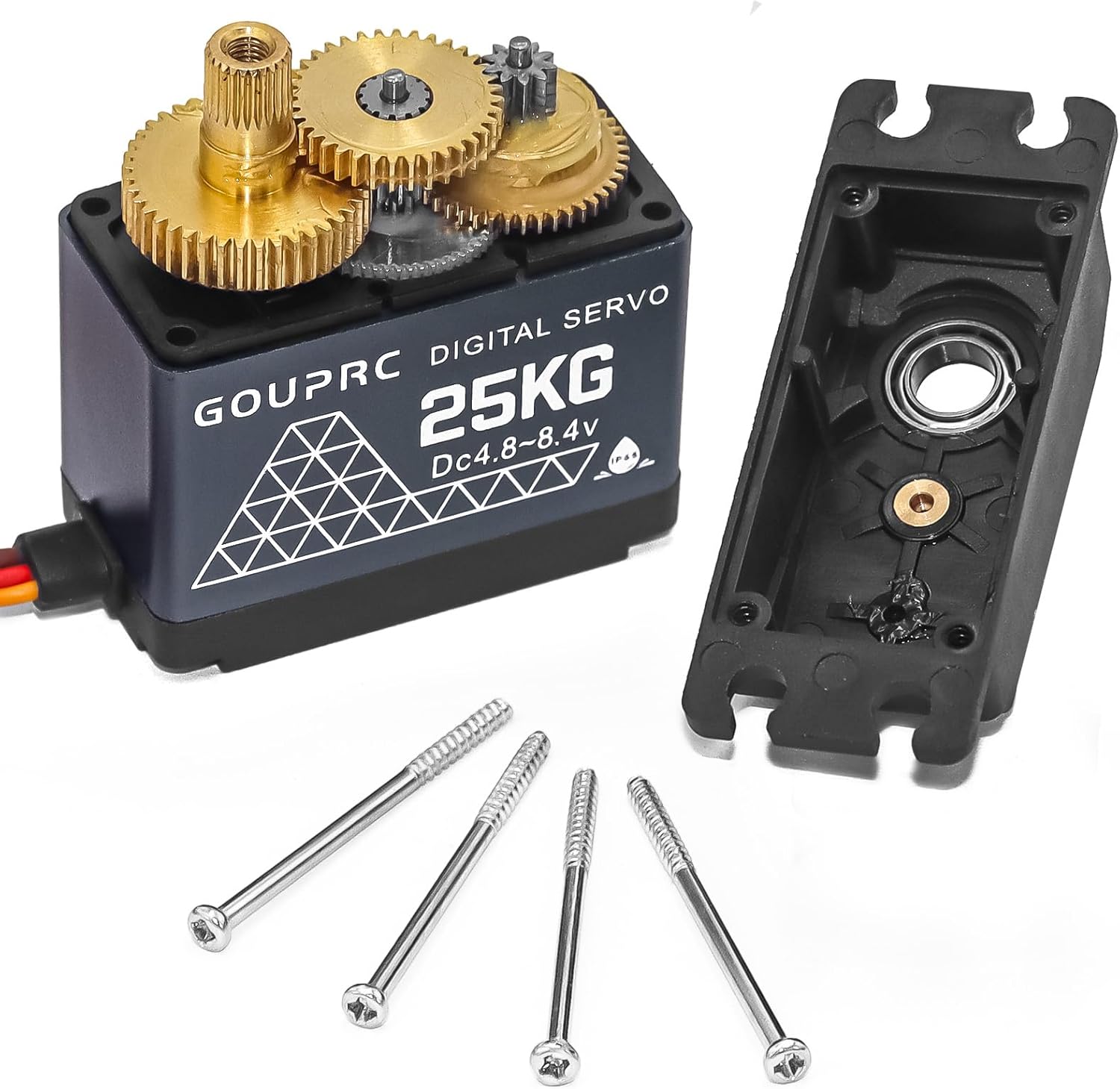 GOUPRC – Servo digital de alto par de torsión de 55.1 lbs, resistente al agua y de acero inoxidable, servo brazo servo 25T para servo de coche a