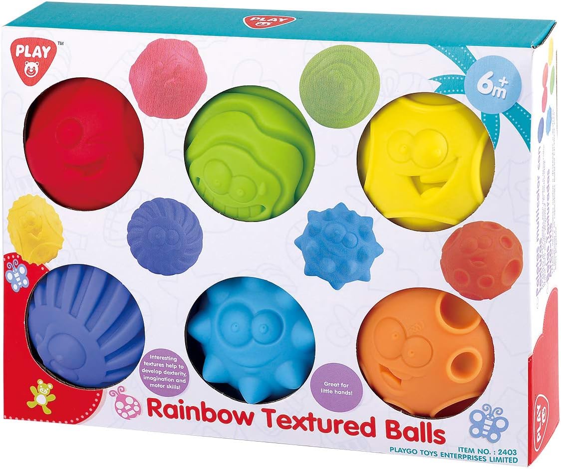 PlayGo Bolas sensoriales para bebé, gran variedad en textura y color arcoíris juguetes de baño para niños, 6 bolas sensoriales coloridas suaves y