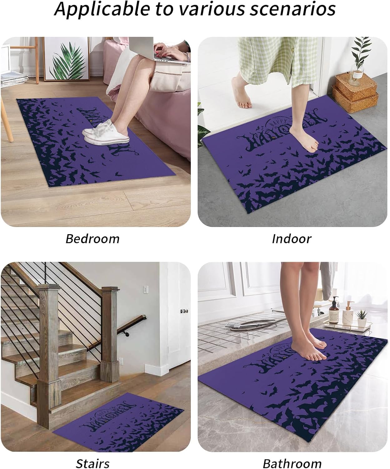Tapete para puerta delantera, antideslizante, absorbente, para entrada, para interiores y exteriores, tapete pequeño, color morado, para Halloween,
