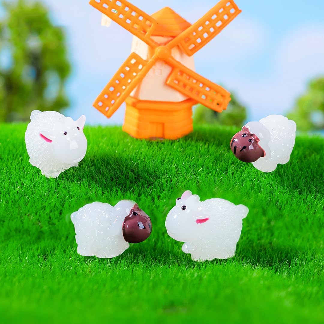 50 piezas luminosas de micro paisaje de ovejas de resina, mini figuras de oveja en miniatura para bricolaje jardín de hadas en miniatura paisaje de