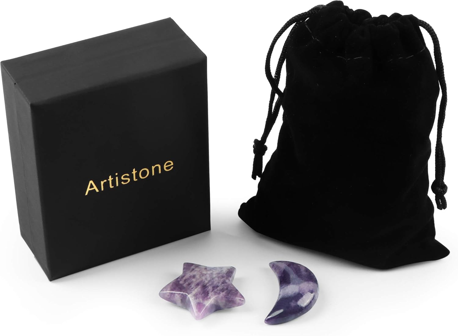 Artistone Cristal de lepidolita morada, estrella, luna, piedras preciosas en forma de chakra, cristales curativos, estrellas, lunas, piedras para