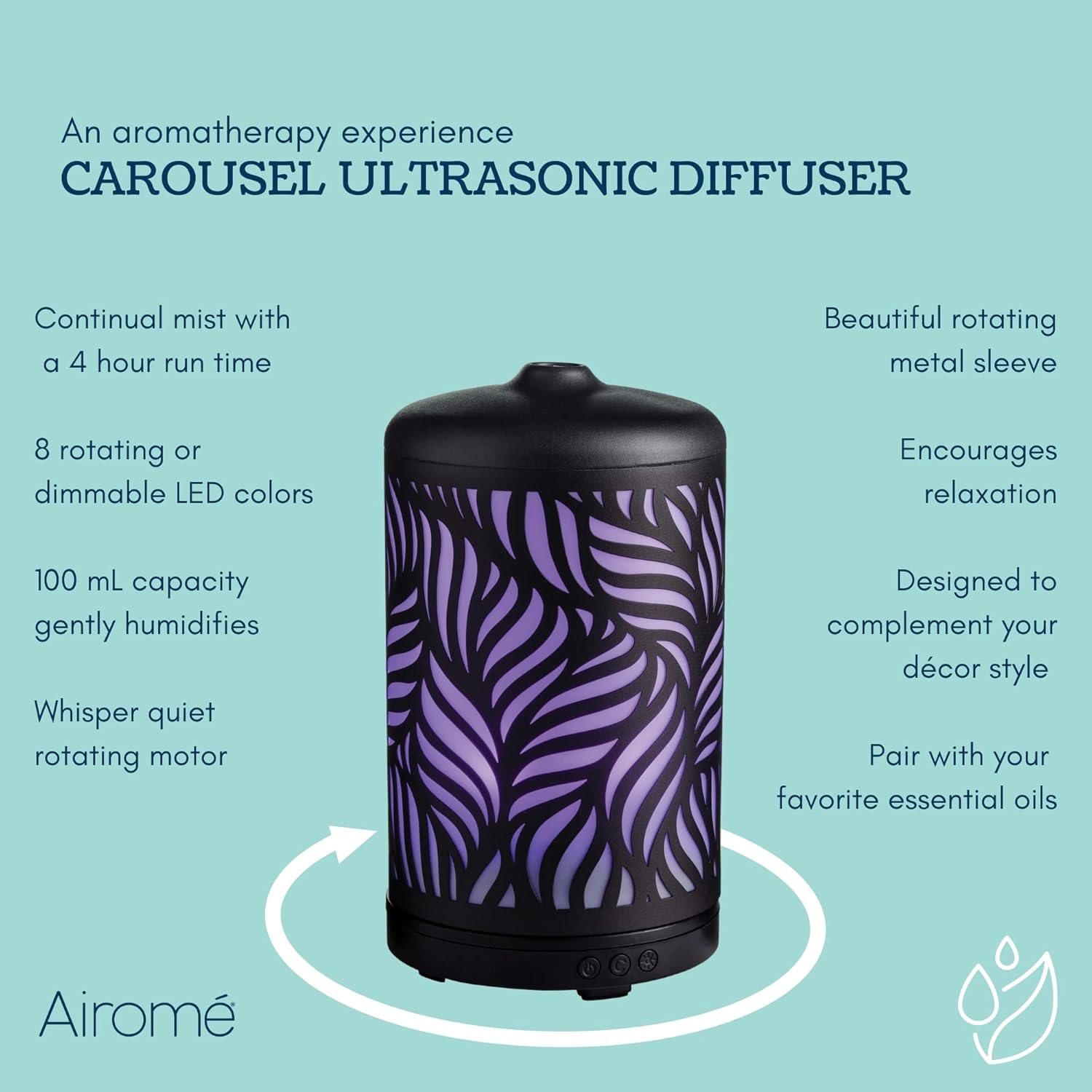 Airome – Difusor ultrasónico de aceite esencial giratorio de 3.4 fl oz con luz LED, rotación de carrusel de 360, palma silvestre de metal negro