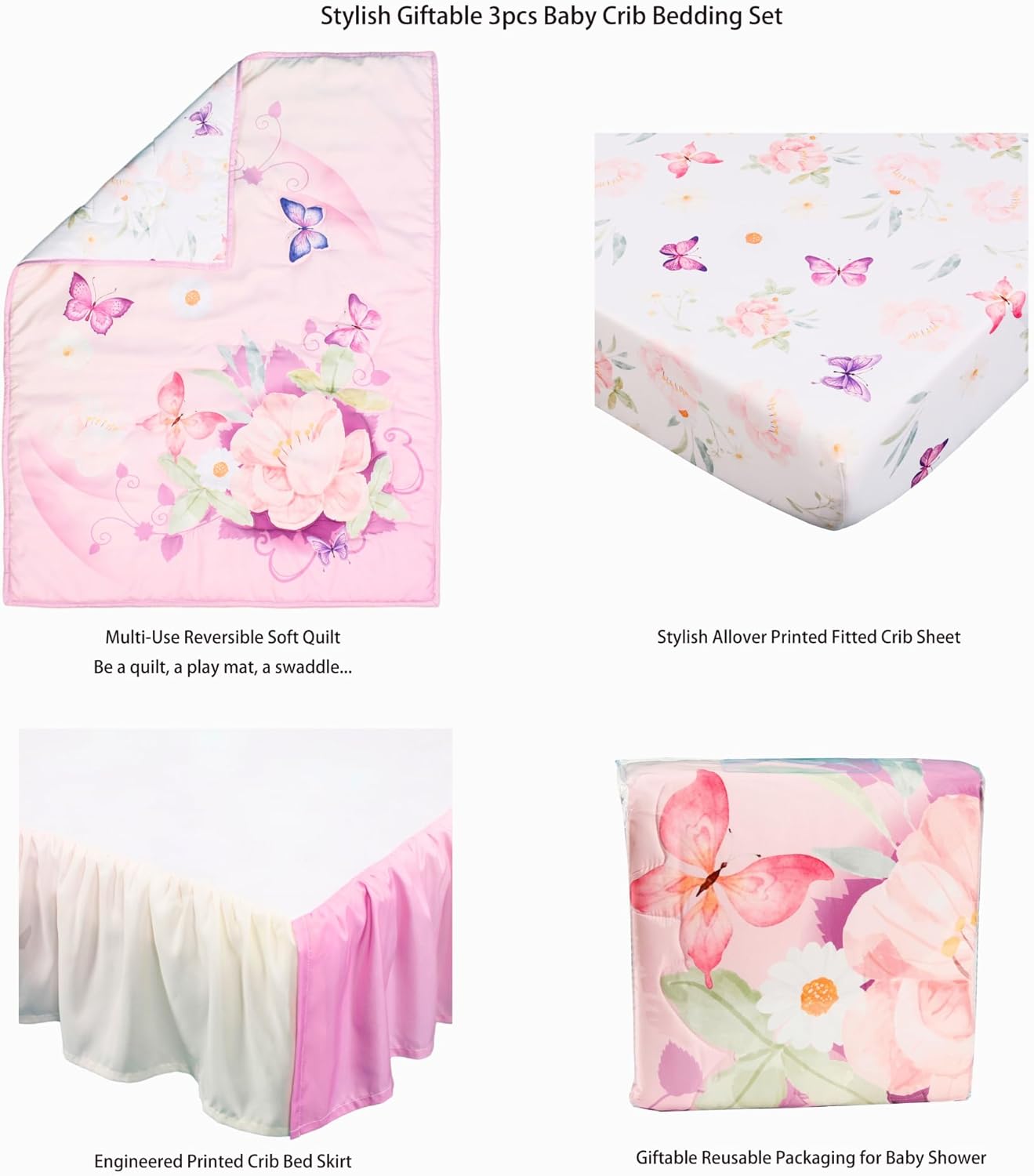 La Premura Juego de ropa de cama para cuna de bebé para niñas, juego de cuna de 3 piezas de tamaño estándar con mariposas moradas en acuarela para