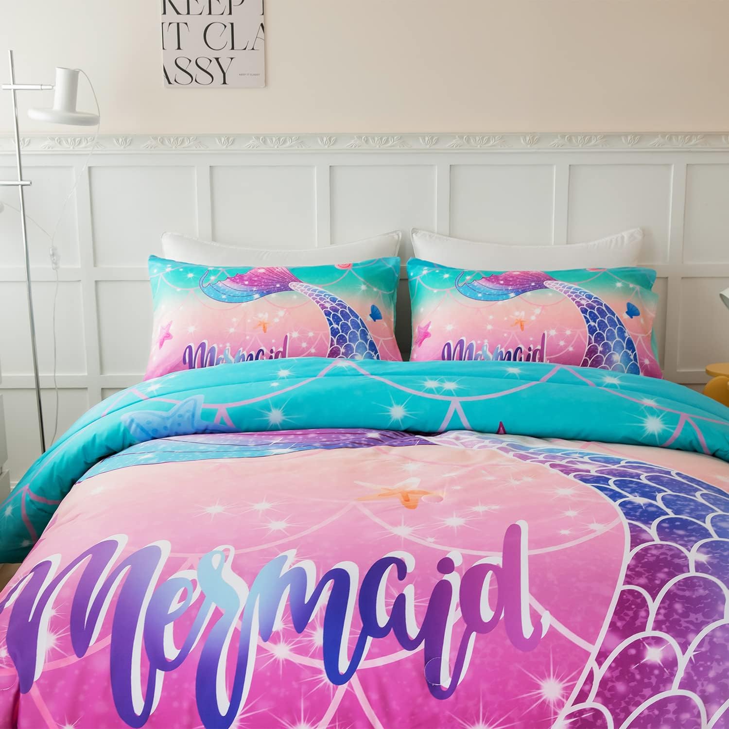 Juego de edredón de sirena tamaño matrimonial para niñas, color rosa, morado, verde azulado, degradado, para todas las estaciones, juego de ropa de