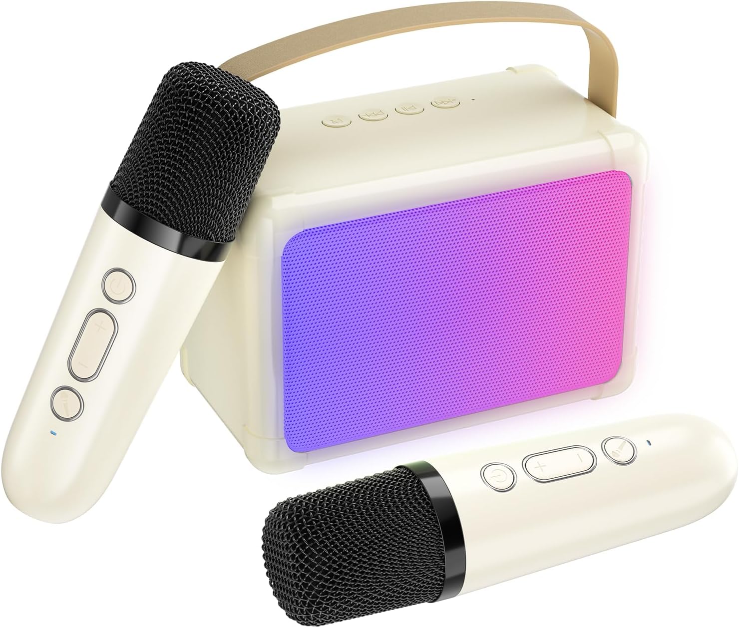 SUDOTACK Mini máquina de karaoke para niños, altavoz portátil de karaoke Bluetooth con 2 micrófonos sin conexión y luces LED para fiesta en casa,