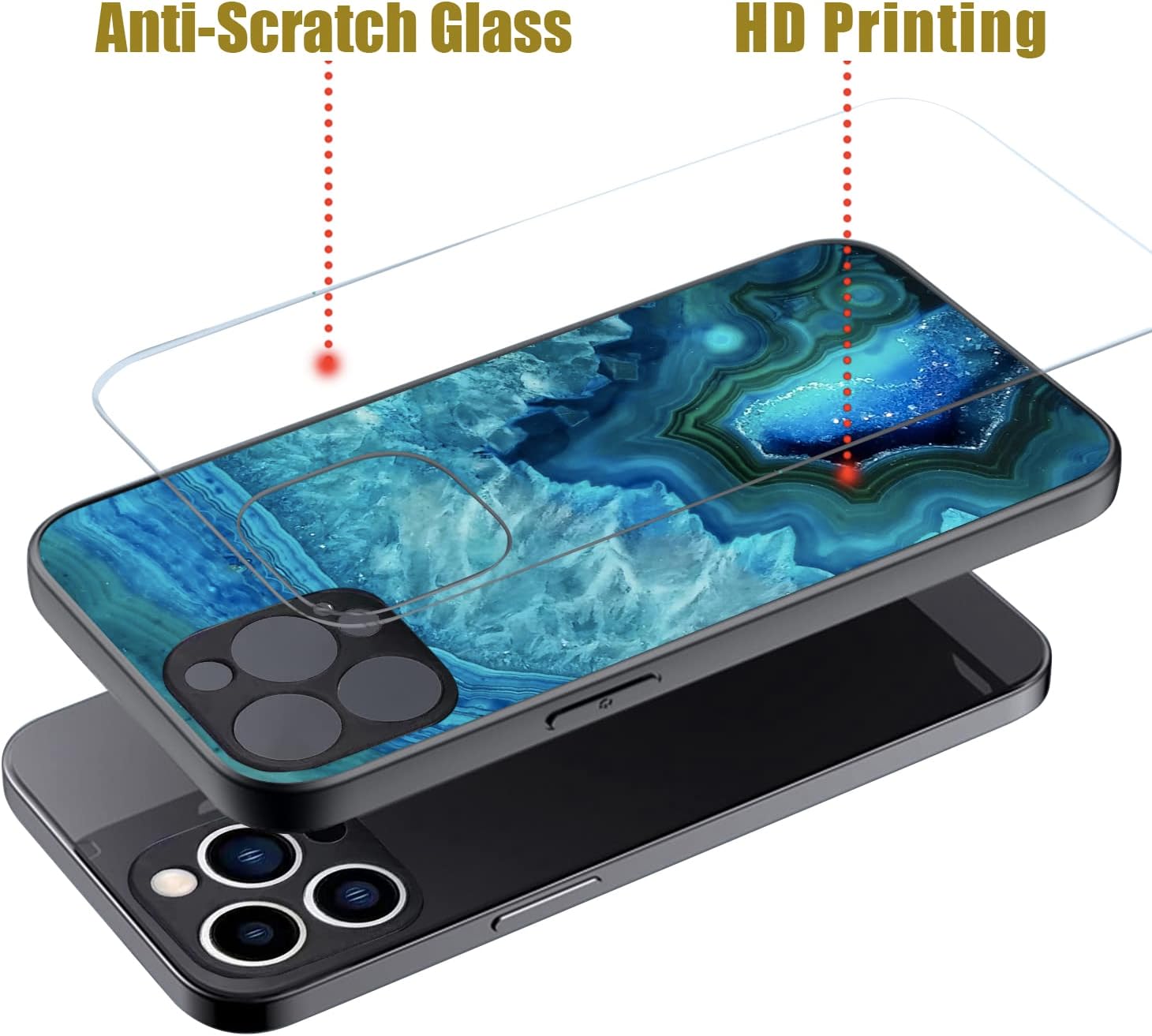 Funda para iPhone 14 Pro Max, protección completa de la cámara envolvente, diseño de mármol ágata personalizado de vidrio antiarañazos en la parte