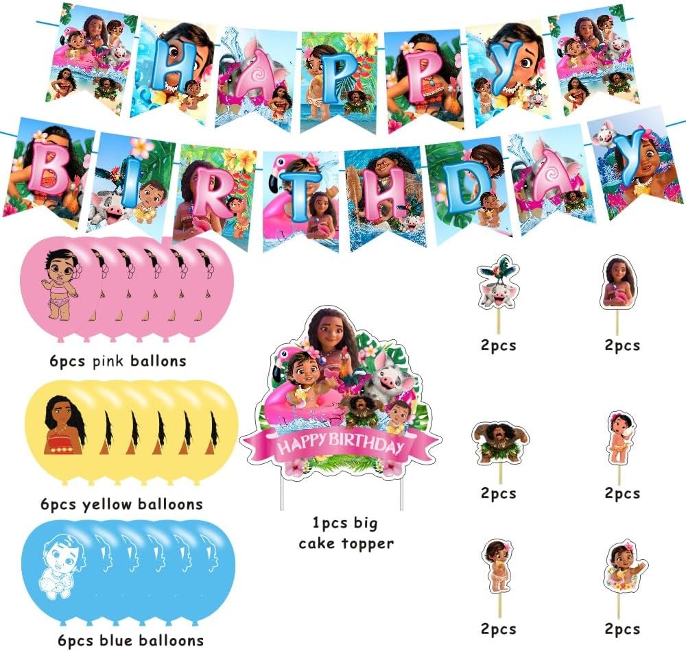 Decoraciones de cumpleaños de Baby Moana, suministros de fiesta de Baby Moana incluyen pancarta de feliz cumpleaños, decoración de pastel y