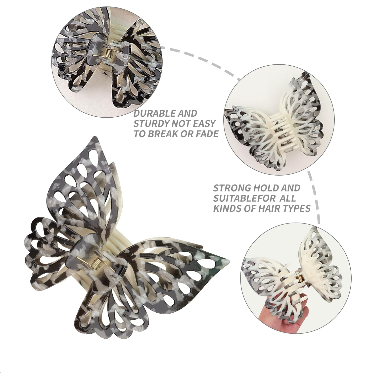 Pinzas para el cabello de mariposa de 4.3 pulgadas, pinzas de mariposa para mujer, pinzas para el cabello grueso, pinzas de pelo mate, pinzas de