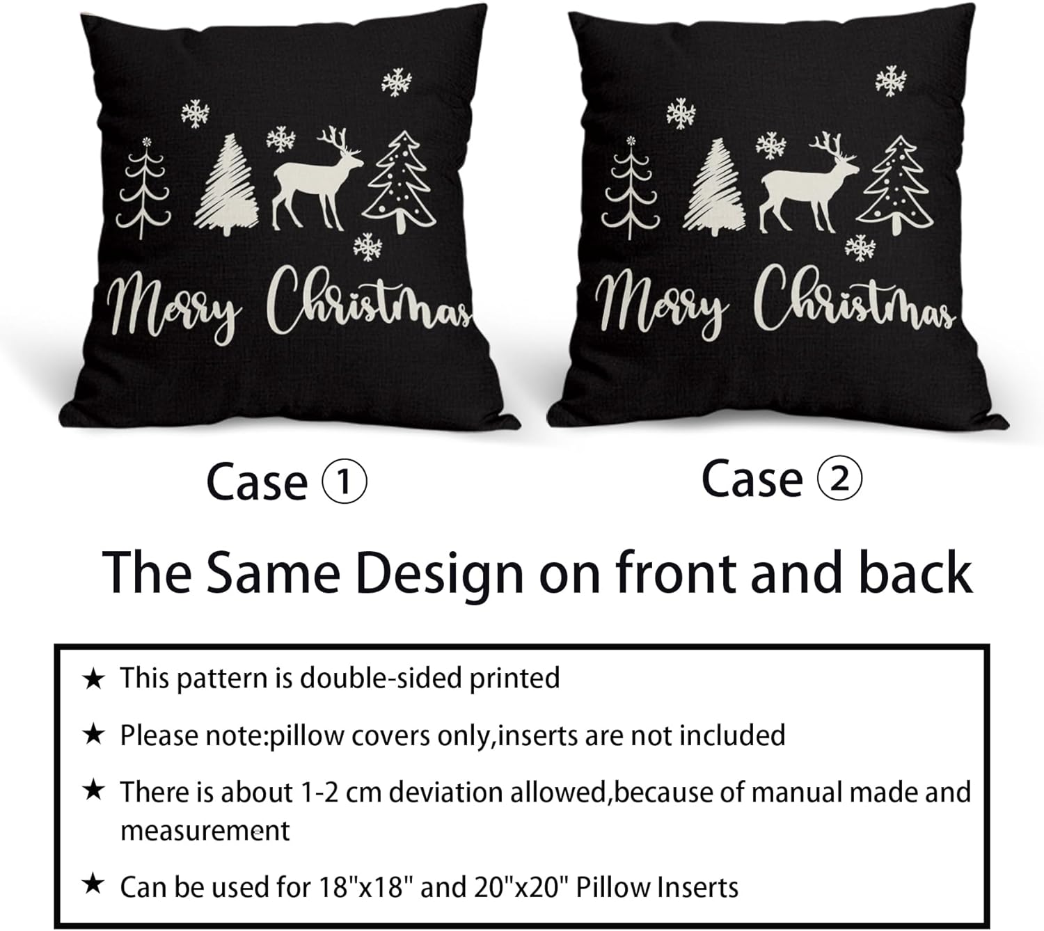 Juego de 2 fundas de almohada de Navidad negras de 18 x 18 pulgadas, diseño de árbol de ciervo, copos de nieve, fundas de almohada decorativas de