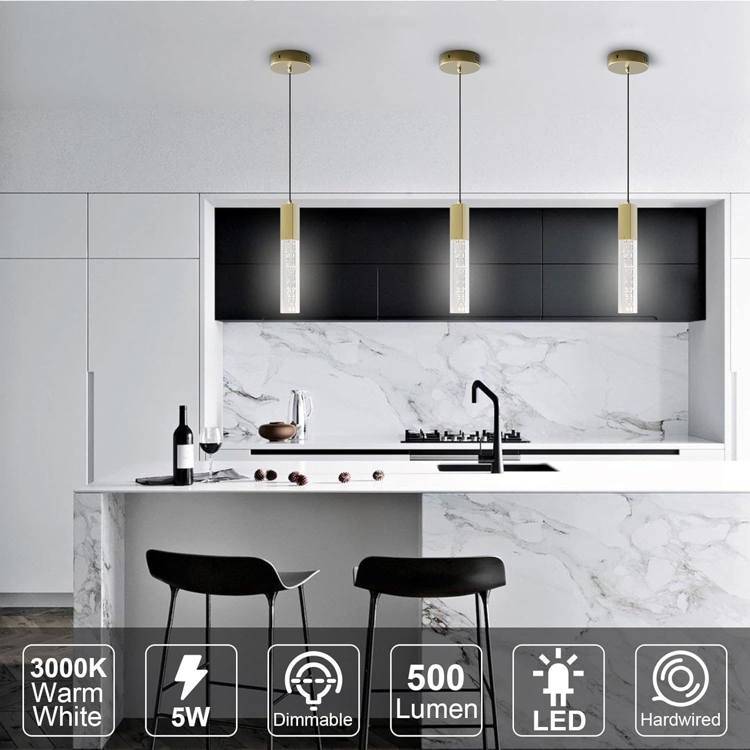 Lámpara colgante de latón, lámpara colgante LED integrada regulable moderna para isla de cocina, mini lámpara colgante de cristal para baño