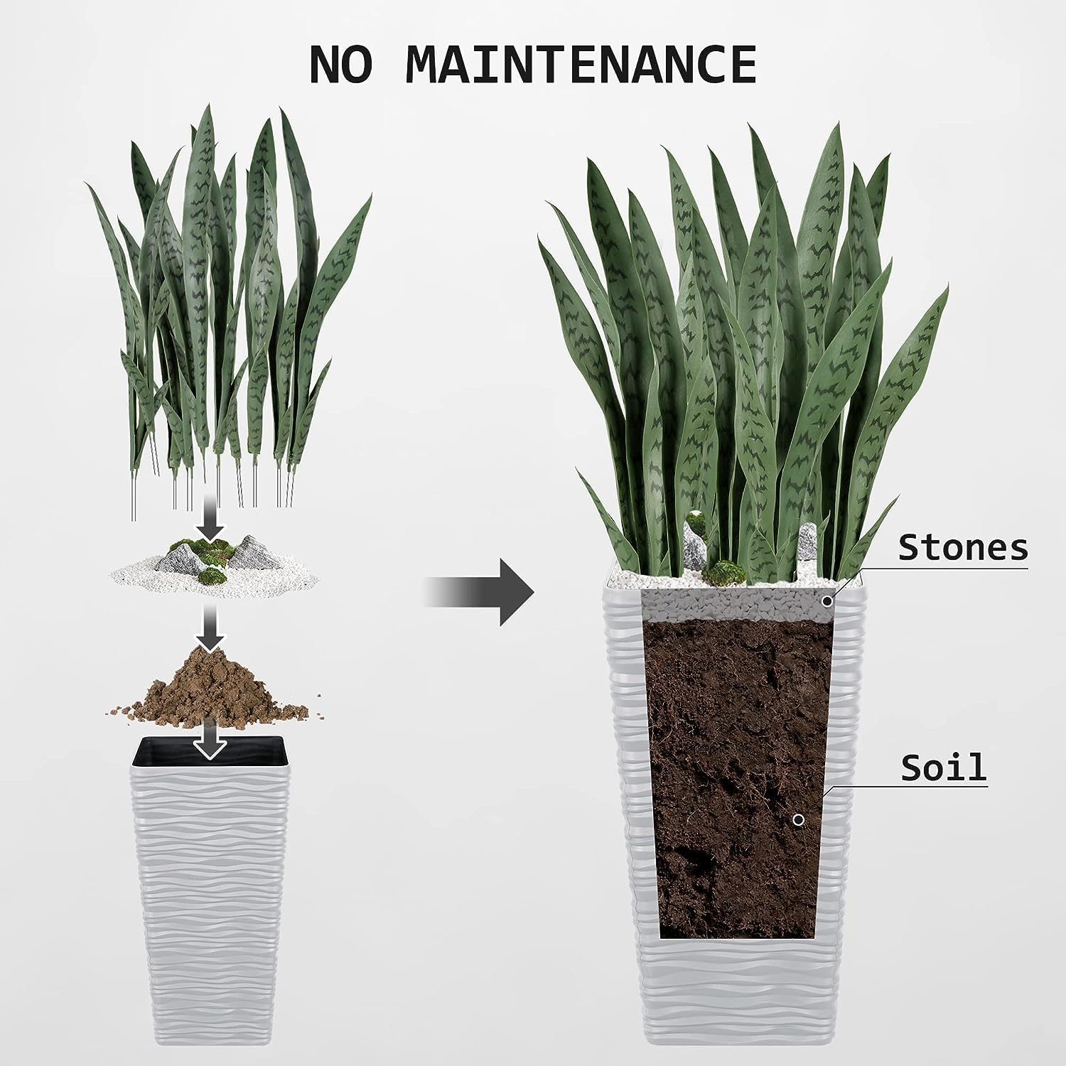 Worth Jardín artificial 20 plantas de serpiente verde de 25.6 pulgadas y 2 macetas altas blancas de 22 pulgadas, contenedores de árbol de 7 galones,