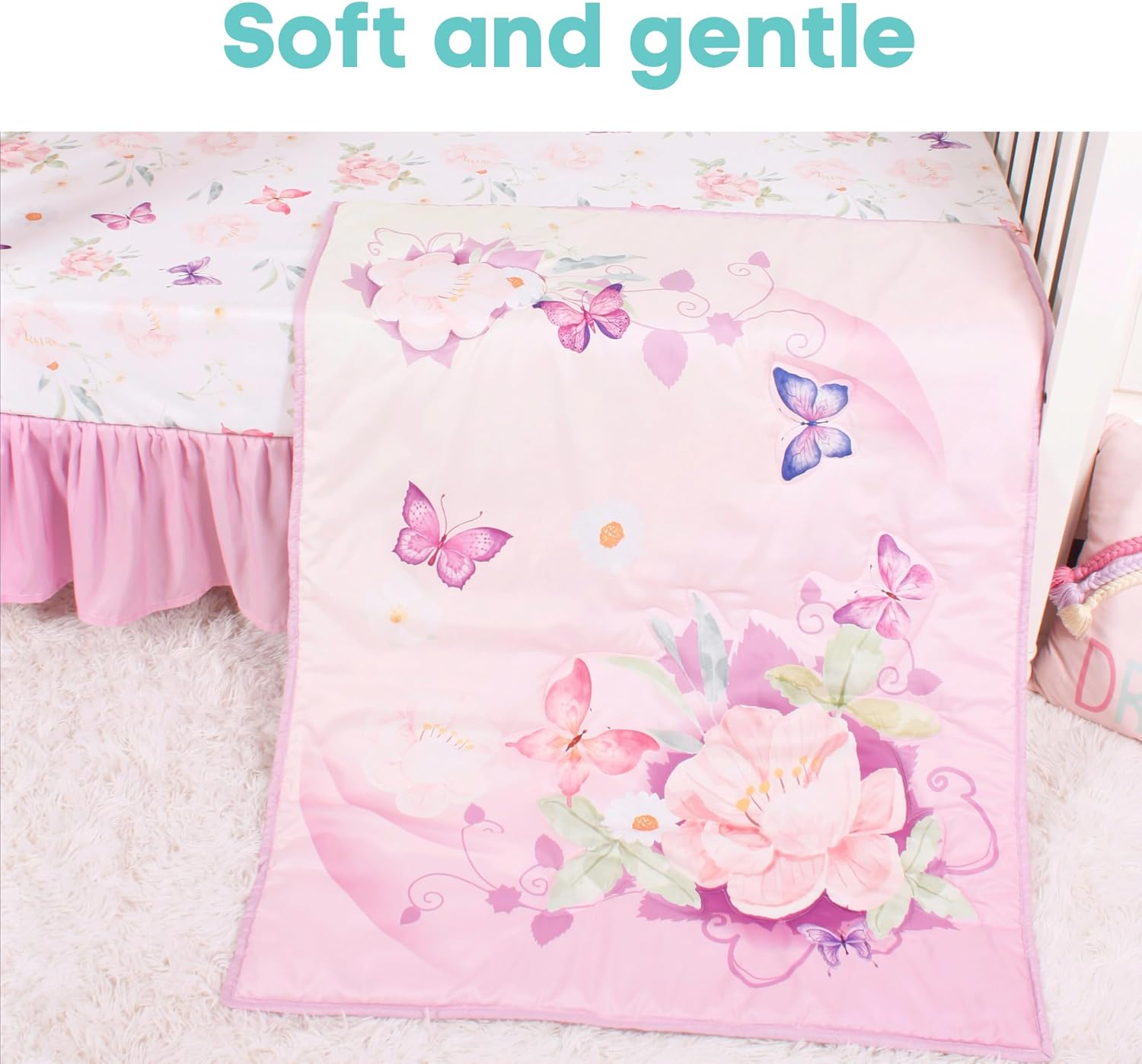 La Premura Juego de ropa de cama para cuna de bebé para niñas, juego de cuna de 3 piezas de tamaño estándar con mariposas moradas en acuarela para