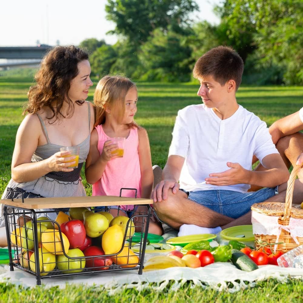 Cesta de frutas, organizador apilable para encimera, cesta de alambre con tapa superior de bambú, cesta de verduras para mostrador, soporte para pan