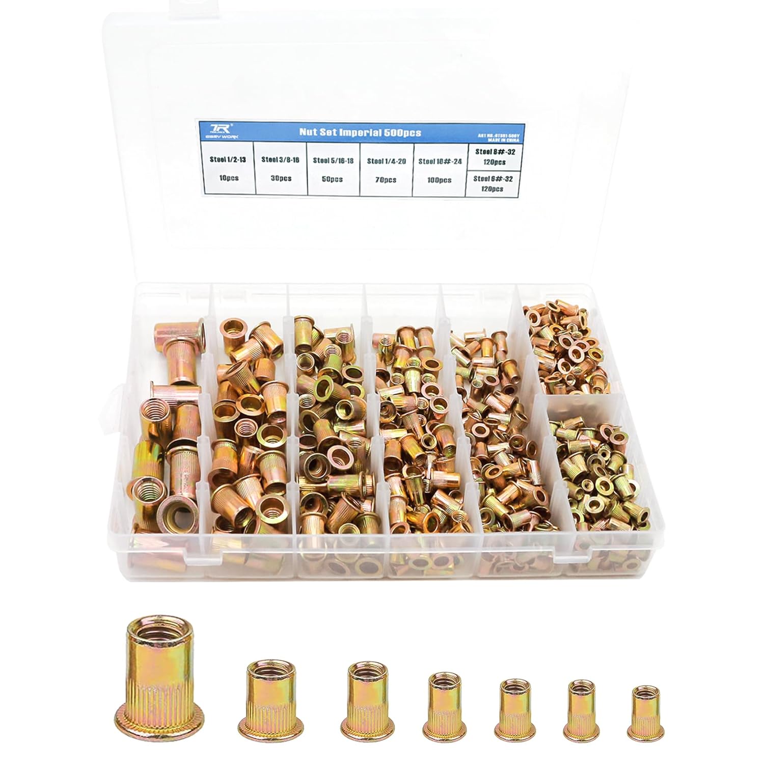 TR TOOLROCK Kit de 500 tuercas remachadoras, SAE UNC Surtido de tuercas remachadoras 6#-32, 8#-32, 10#-24, 14″-20, 516″-18, 38″-16, 12″-13, acabado