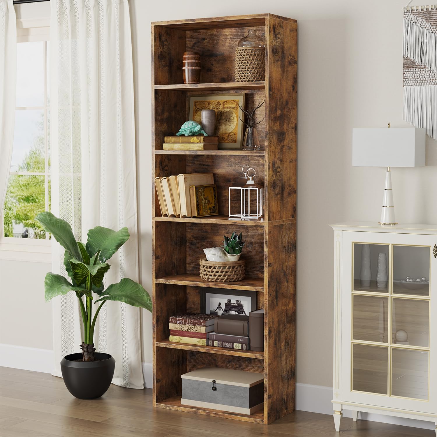 oneinmil Estantería y estantería de 6 niveles, estanterías de madera con puertas de gabinete, estanterías de piso y gabinetes de almacenamiento de