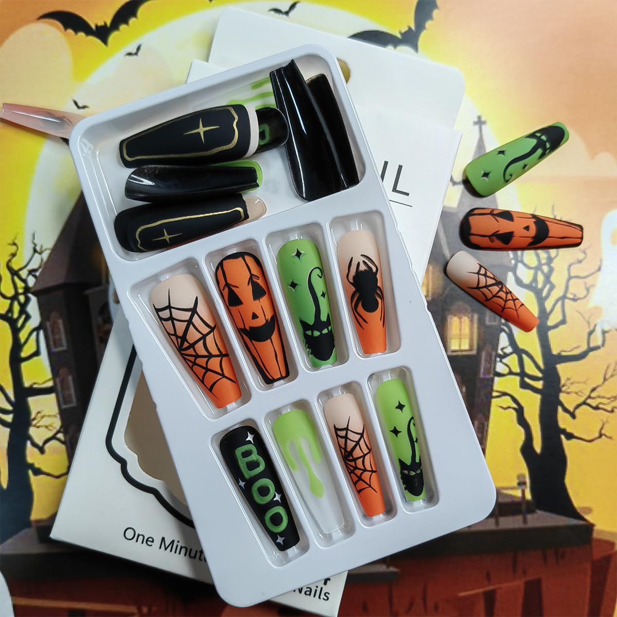 Uñas postizas largas cuadradas para Halloween, con pegamento, diseño de telaraña, lápida de gato, diseño de telaraña, uñas acrílicas, fantasma, arte