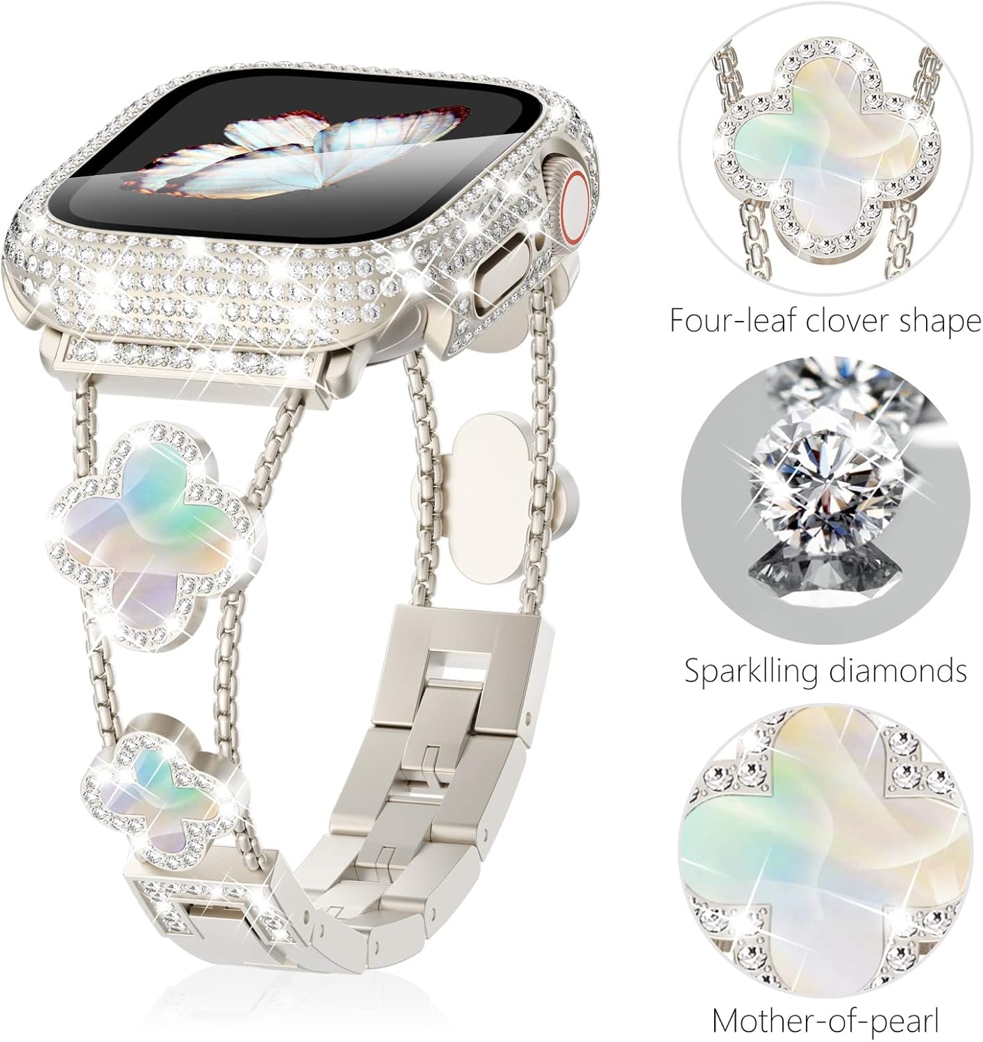 Surace Compatible con correas doradas de Apple Watch de 1.575 pulgadas para mujer, joyería de diamantes de imitación de acero inoxidable con funda