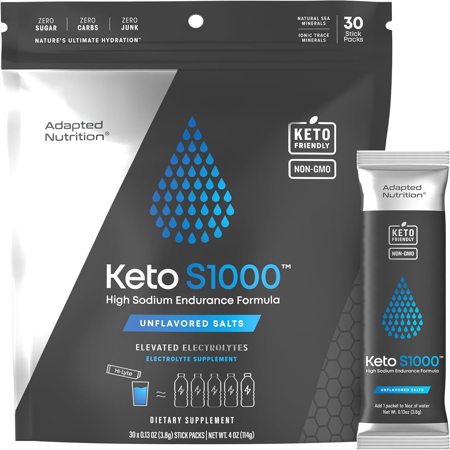 Keto S1000 – Paquetes de electrolitos en polvo  Apto para Keto y Paleo  Sin azúcar, sin calorías, sin maltodextrina  Limpio  30 paquetes de