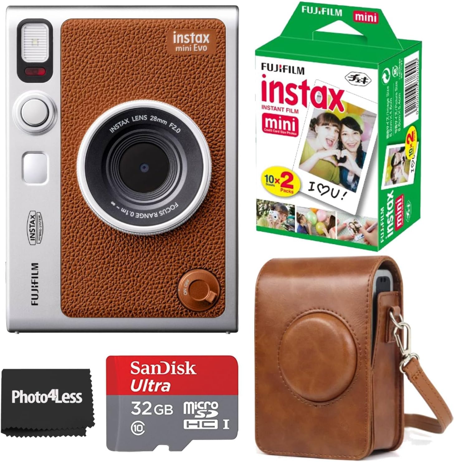 Fujifilm Cámara instantánea Instax Mini EVO Hybrid Brown  Fuji Instax Mini Twin Pack Instant Film  32 GB microSD  Funda para cámara – Paquete