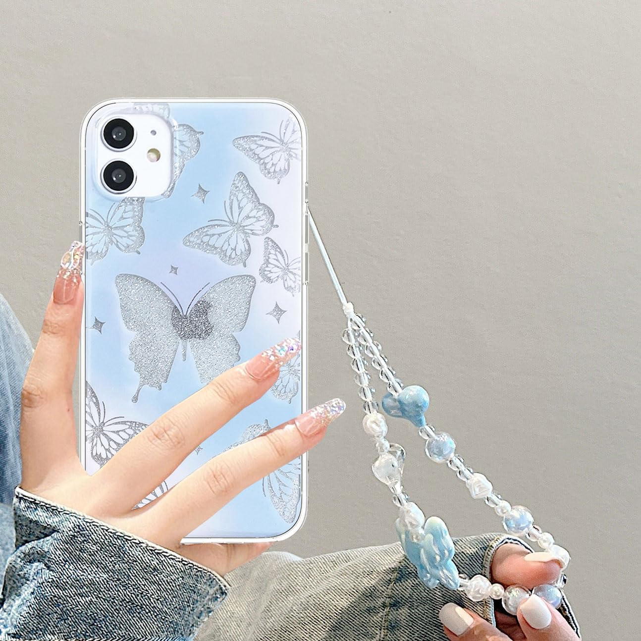 Abbery Funda diseñada para iPhone 11, con brillantina, bonita transparente, con diseño de mariposa con correa para la muñeca, brillante, morado y