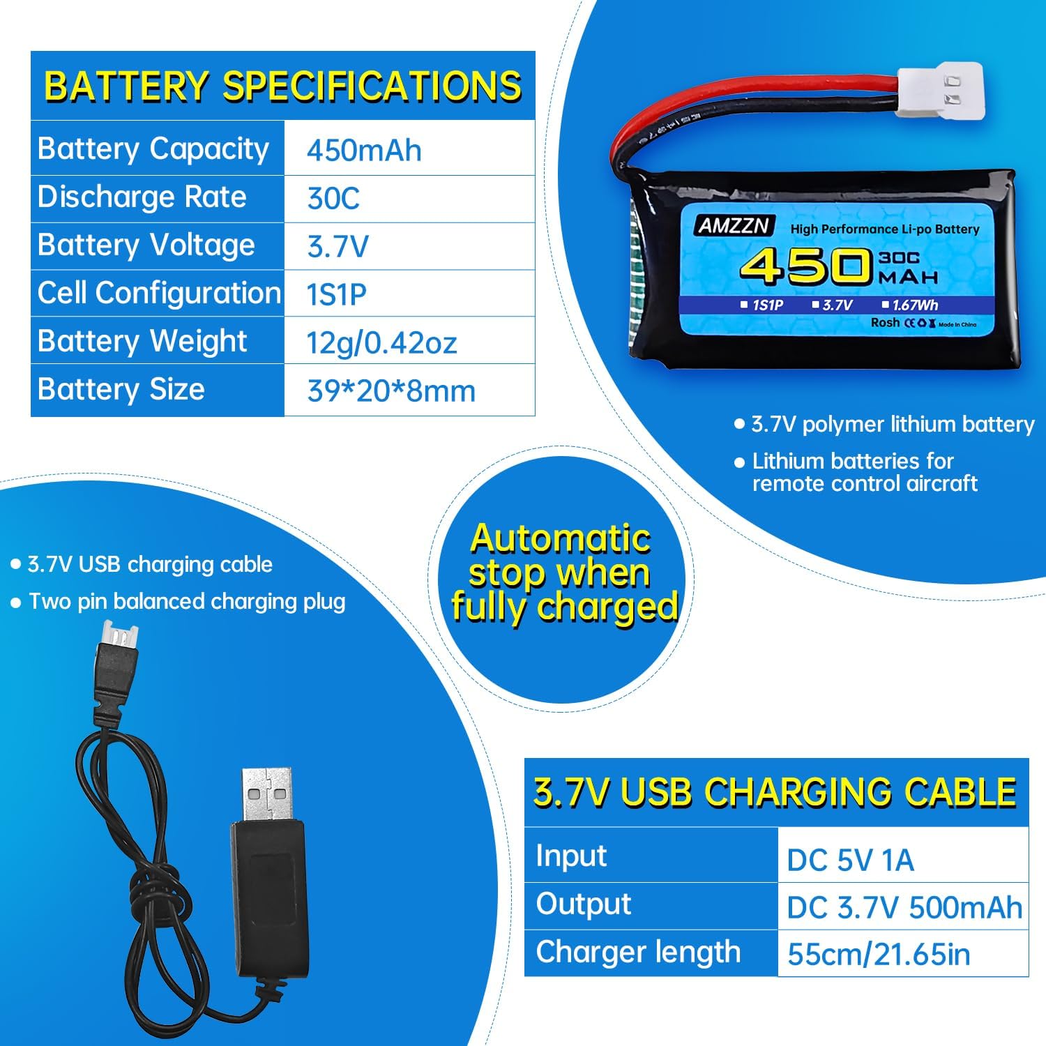 2 baterías Lipo de 3.7 V 450 mAh 30C con cable de carga USB, enchufe Molex compatible con la mayoría de drones RC, aviones de cuatro ejes y modelos