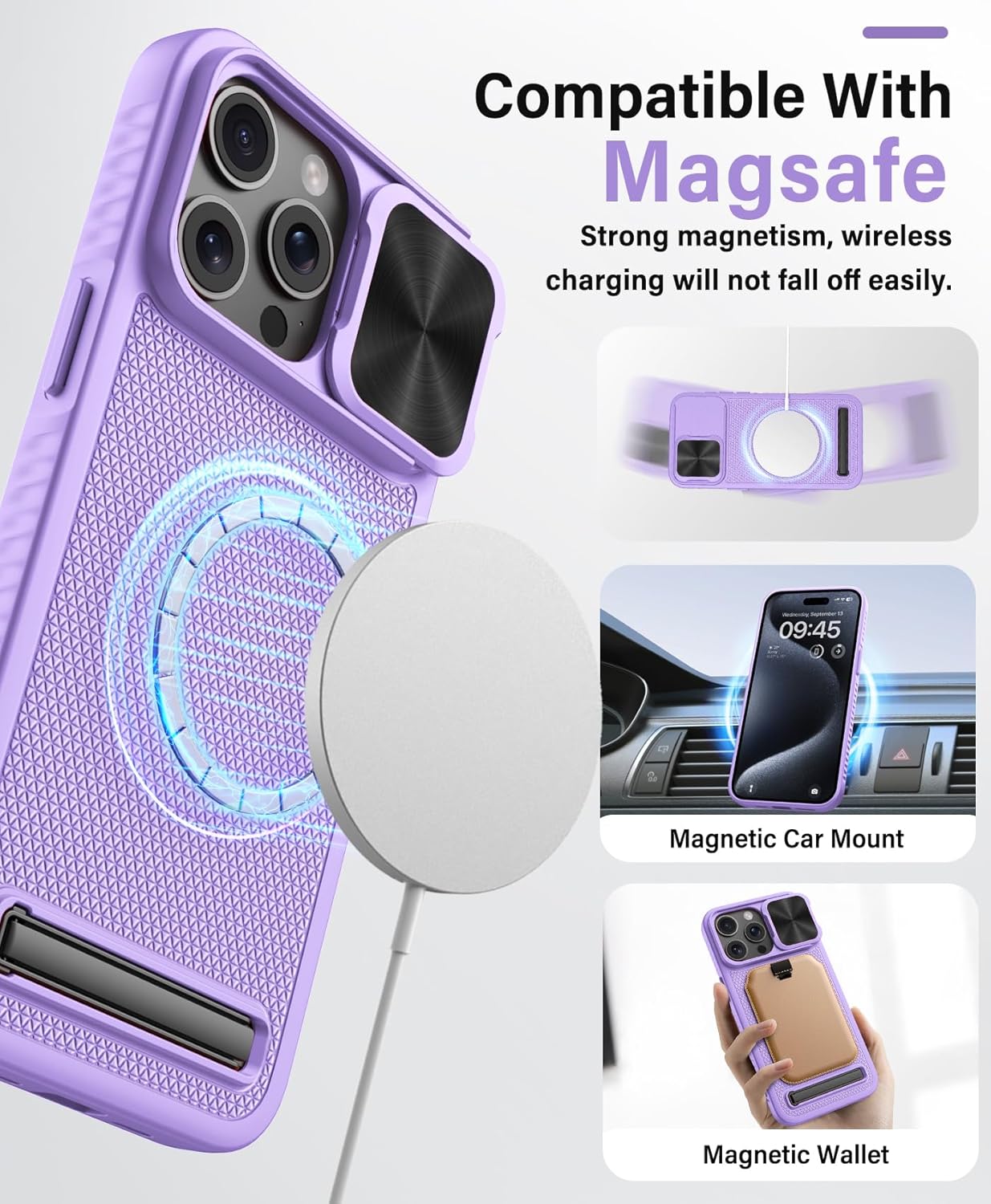Vihibii Funda para iPhone 15 Pro Max, compatible con MagSafe, soporte integrado y cubierta de cámara deslizante, protección contra caídas de grado