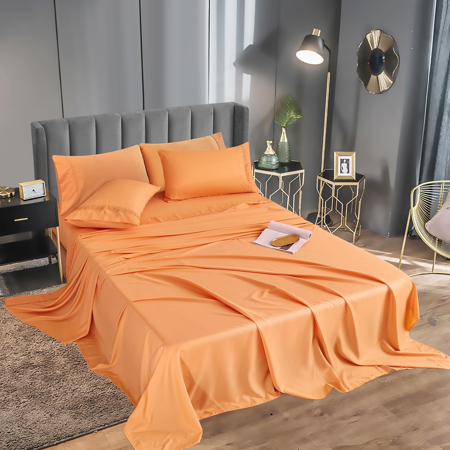 MCO Bedding King Bed Sheets Set – Bamboo Polyester Blended Sheets – Cooling Breathable Bedding Set with 16″ Deep Pocket (6 Pieces, King, Buff Orange)