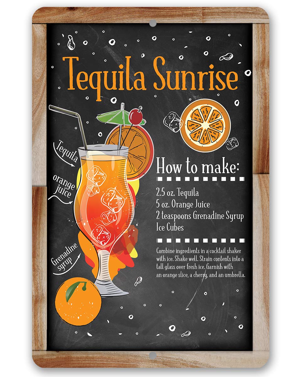 Tequila Sunrise Bar Recipe – Great Cocktail Drink Mix Decoration, Home Bar and Shed Decor, Kitchen and Bar Restaurant Display, 8×12 Indoors or