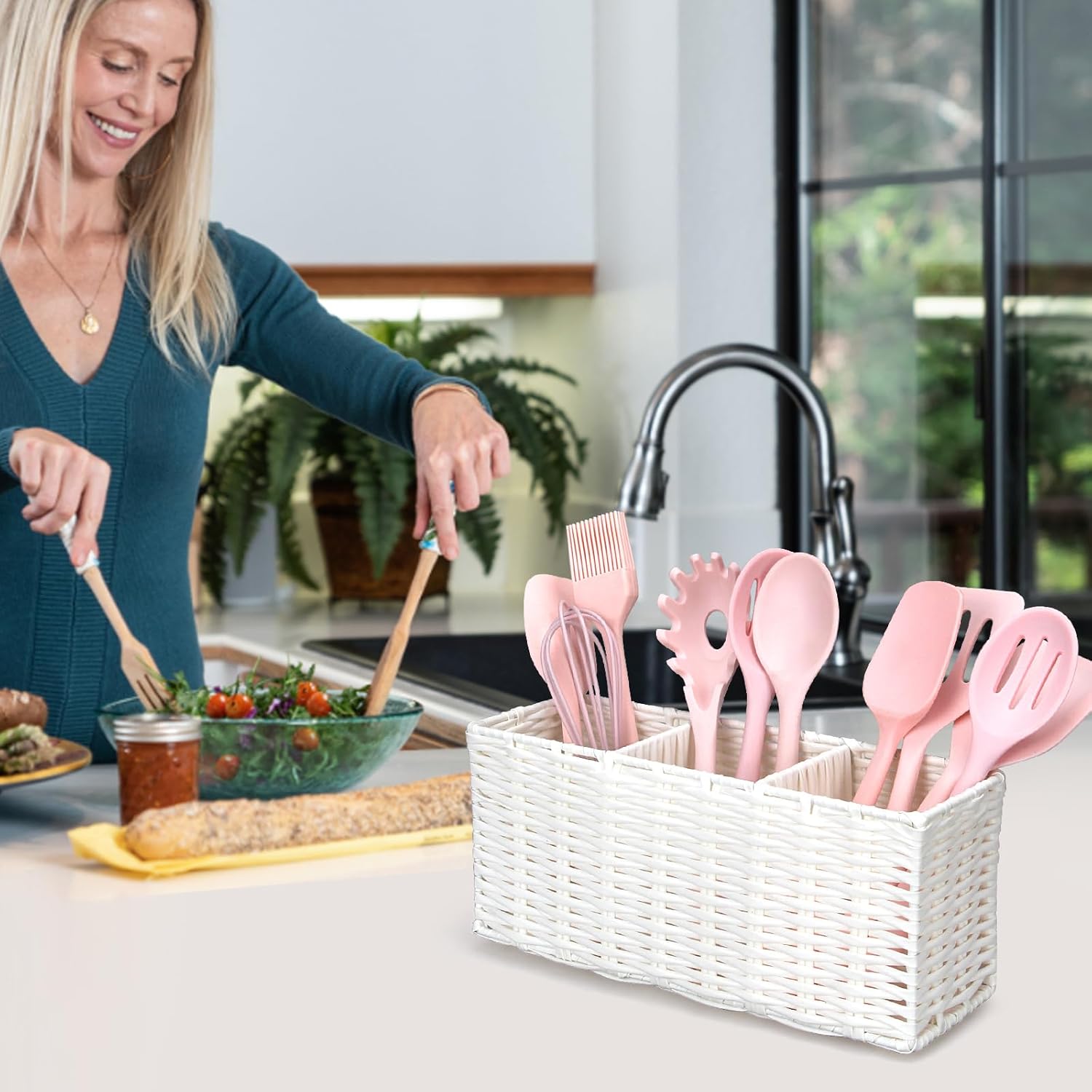 Ayiaren Cubiertos de mimbre para cubiertos, organizador de cubiertos de cocina, organizador de cubiertos, contenedores de almacenamiento, cuchara,