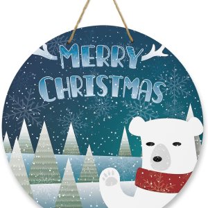 Letrero de bienvenida para puerta delantera, porche, frontones de pared, cuernos de Navidad, oso polar, corona de 10 pulgadas, letrero redondo de Letrero de bienvenida para puerta delantera, porche, frontones de pared, cuernos de Navidad, oso polar, corona de 10 pulgadas, letrero redondo de