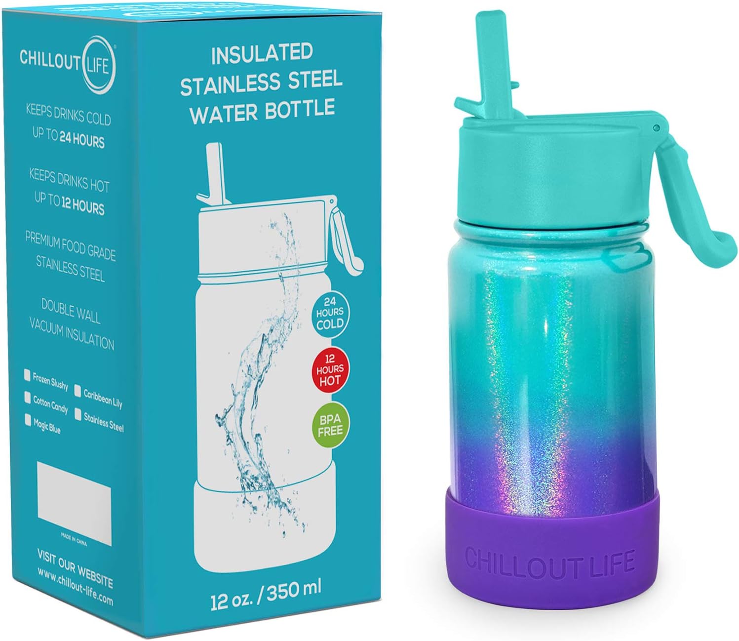 CHILLOUT LIFE – Botella de agua aislada de 12 onzas con tapa con pajilla para niños, a prueba de fugas y bonitas calcomanías impermeables, termo de