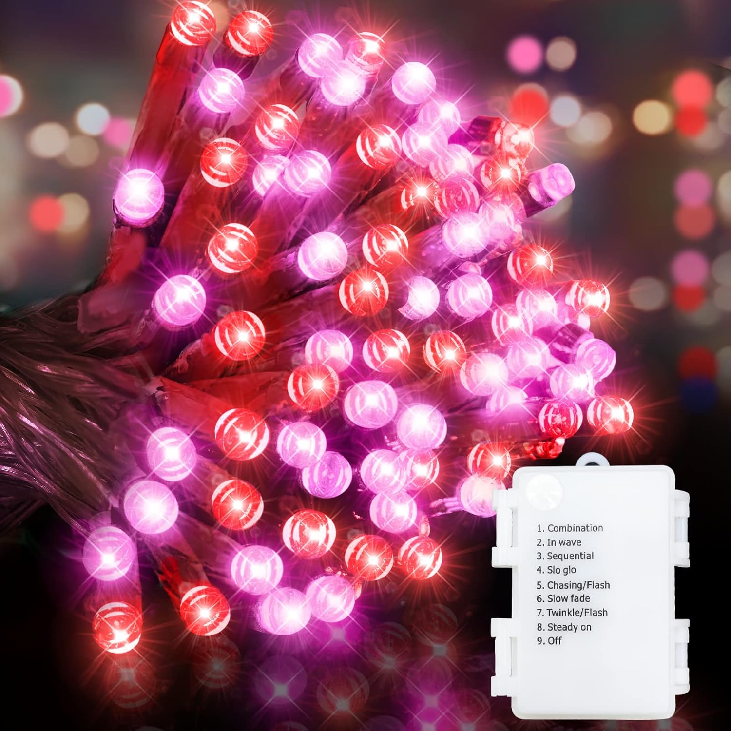 TURNMEON Guirnalda de 100 luces LED de 33 pies, temporizador de decoración del día de San Valentín, 8 modos, funciona con pilas, impermeable, luces