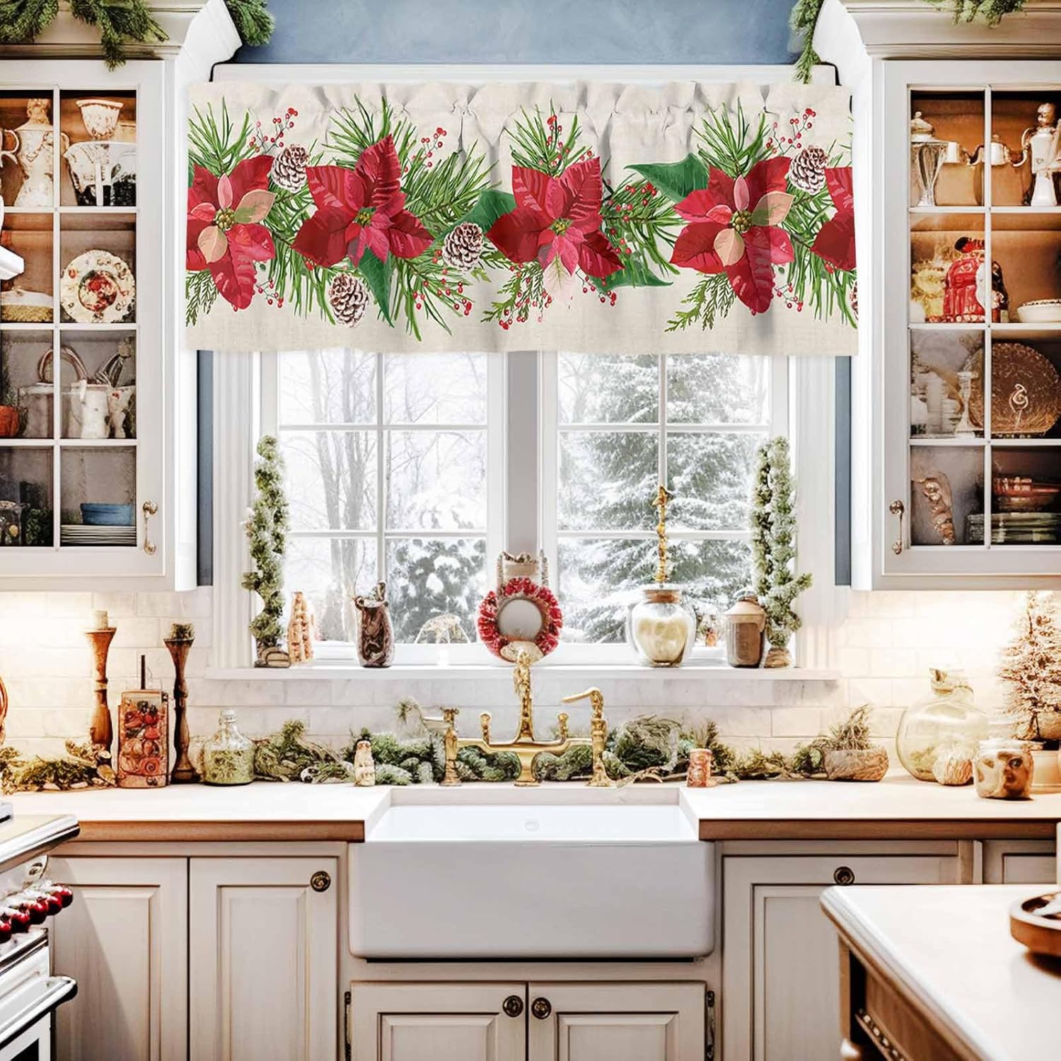Cenefa de cortina de cocina de flor de pascua de Navidad, cenefa de cortina de ventana, bolsillo para barra, 1 panel, cenefas de ventana para sala