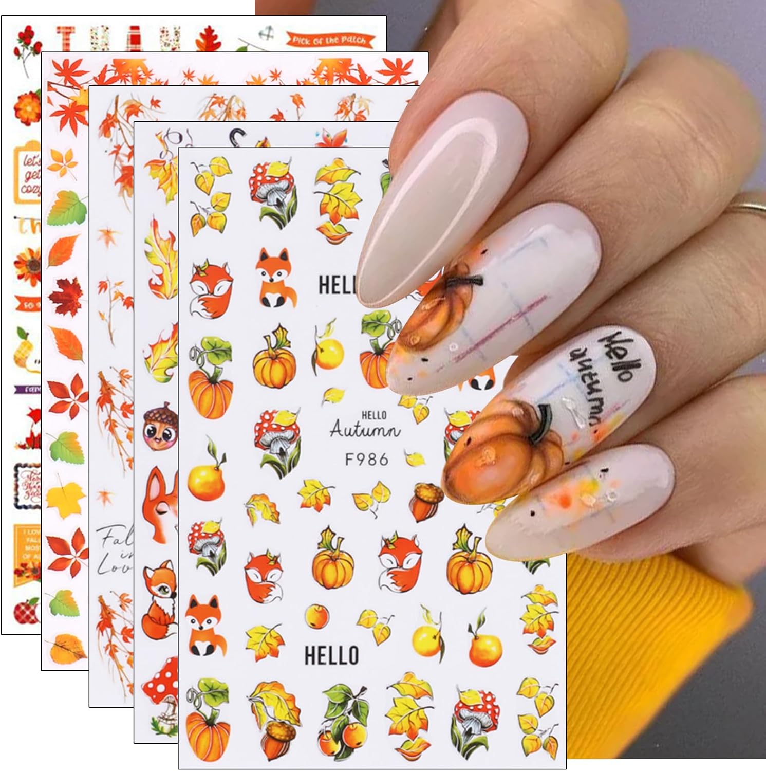 JMEOWIO 9 hojas de calcomanías de arte de uñas de otoño y otoño, calcomanías autoadhesivas para uñas, calabaza, hoja de arce, Acción de Gracias,