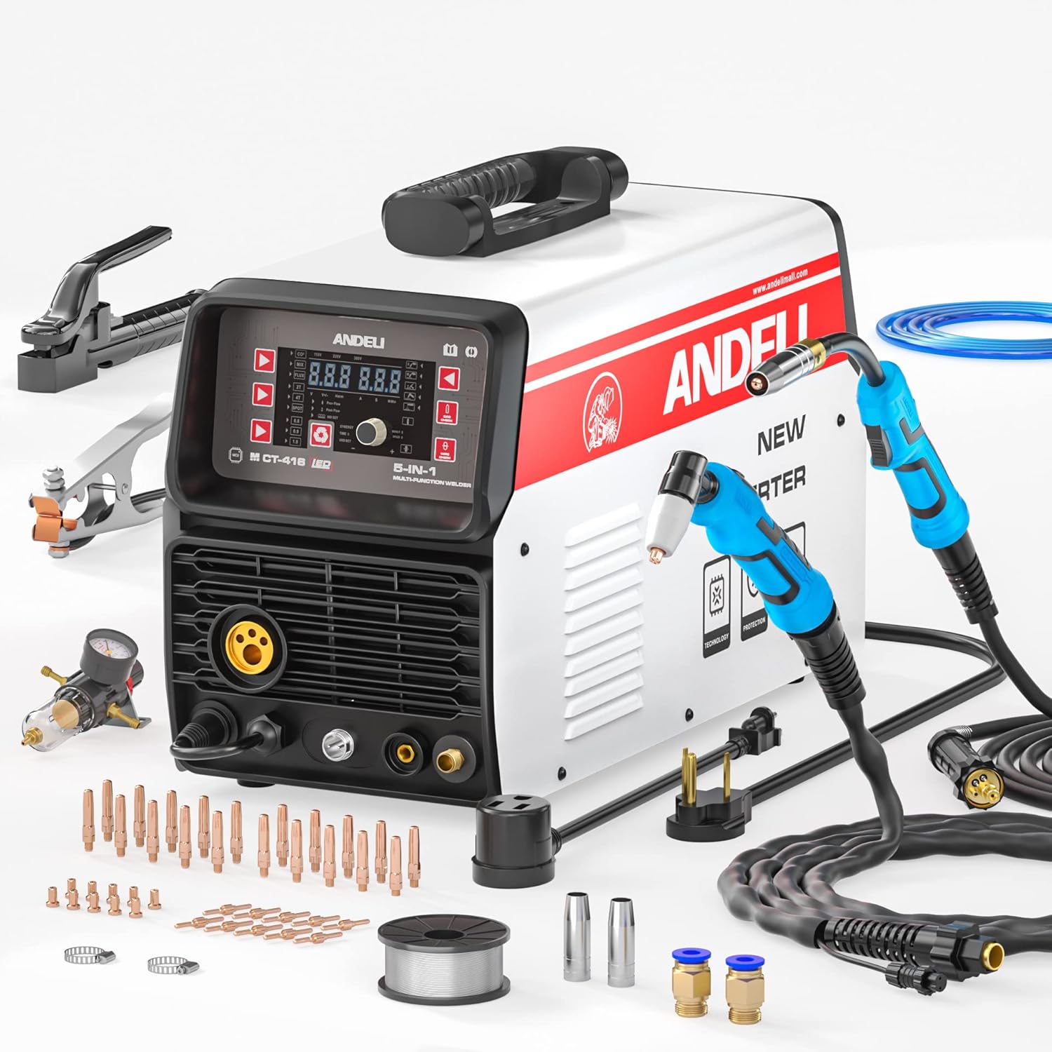 ANDELI Soldador MIG multiproceso 110V220V – MIG TIG CUT y soldadura MMA y soldadura de flujo sin pantalla LED de gas 5 en 1 Inverter MIG máquina de
