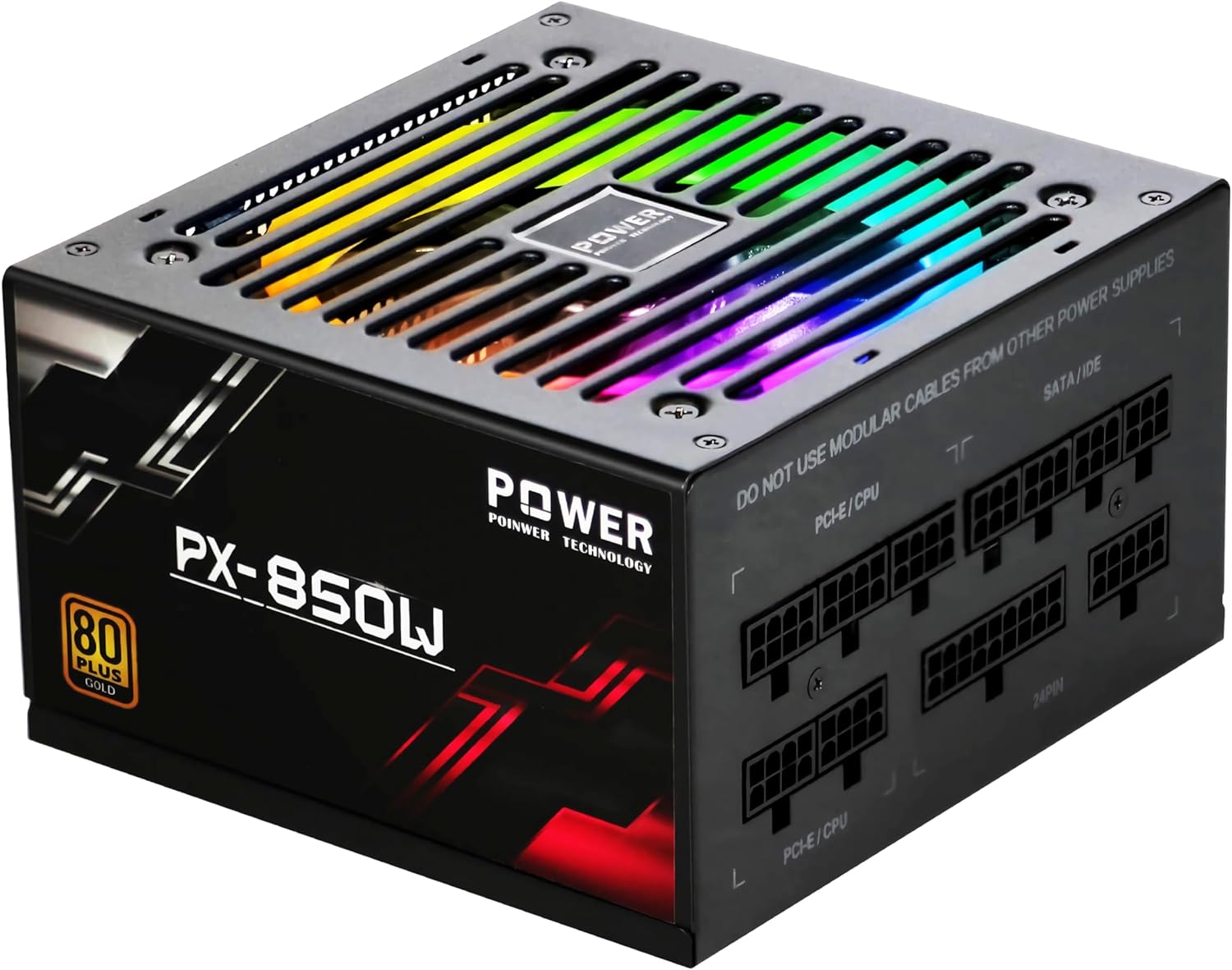 POINWER Fuente de alimentación de 850 vatios 80 Plus Gold – Ventilador silencioso RGB de 4.7 in, PFC activo, condensador de 221.0 F – PSU de alto
